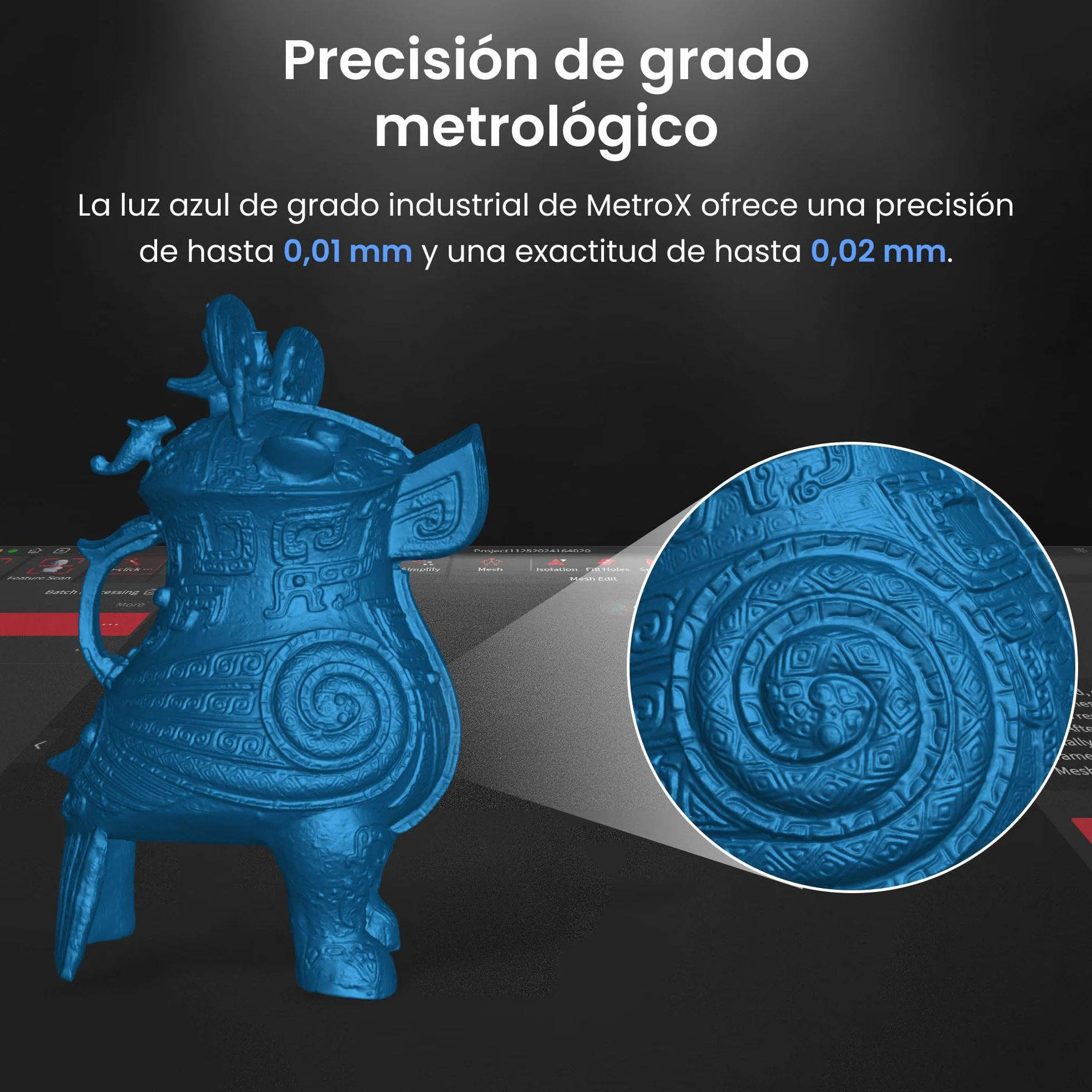 Revopoint MetroX Escáner 3D para Impresión 3D, Precisión hasta 0,01 mm, Exactitud de Grado Metrológico, Hasta 60 fps, Láser Azul, 4 Modos de Escaneo, para Escanear Objetos Metálicos/Oscuros, Estándar