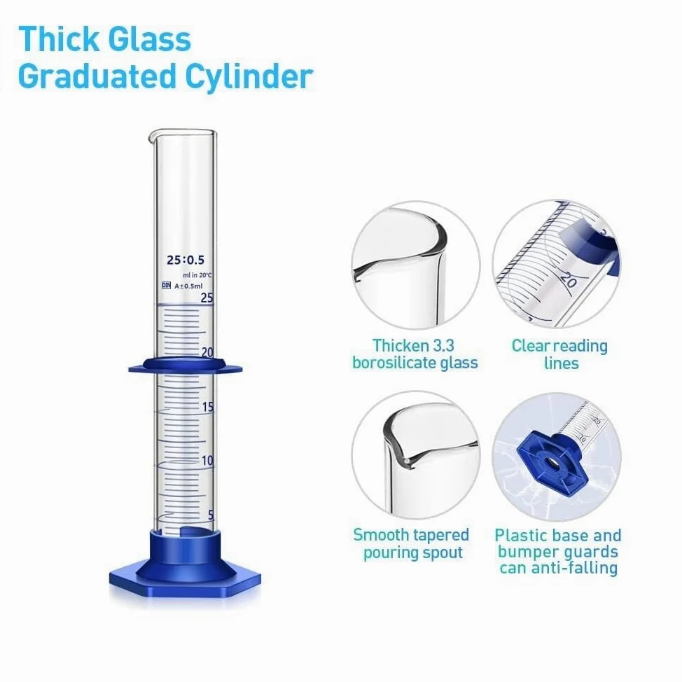 Probeta de Laboratorio para Ciencias, Juego de Cilindros graduados de Vidrio de borosilicato con Cepillo, 5-250 ml(10 pcs 25ML)