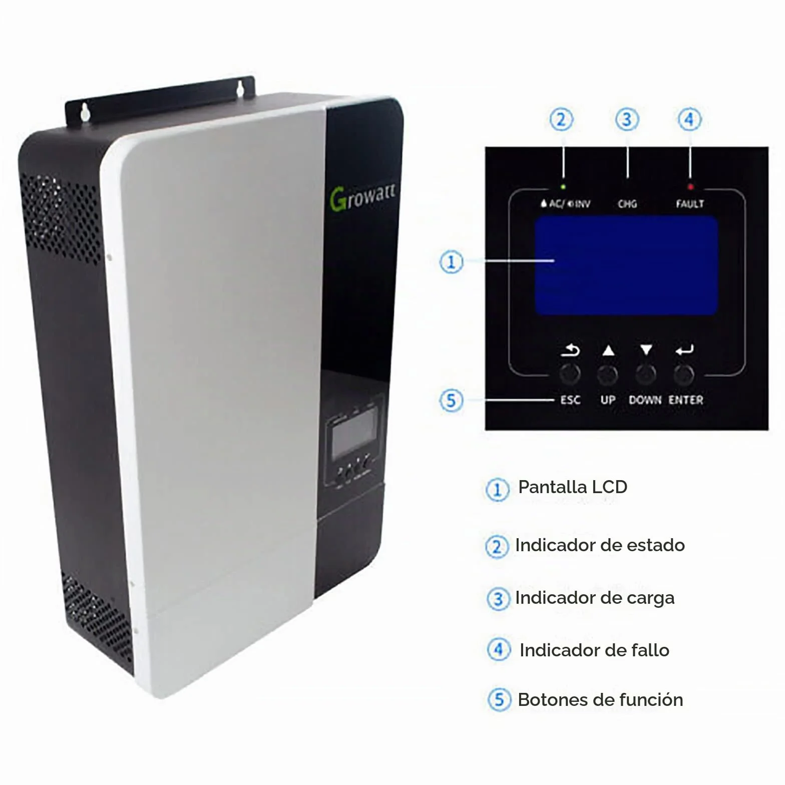 Growatt - Inversor híbrido solar SPF 5000 W, 48 V CC a 230 V CA, controlador de carga solar MPPT integrado fuera de la red y soporta 6 inversores en paralelo