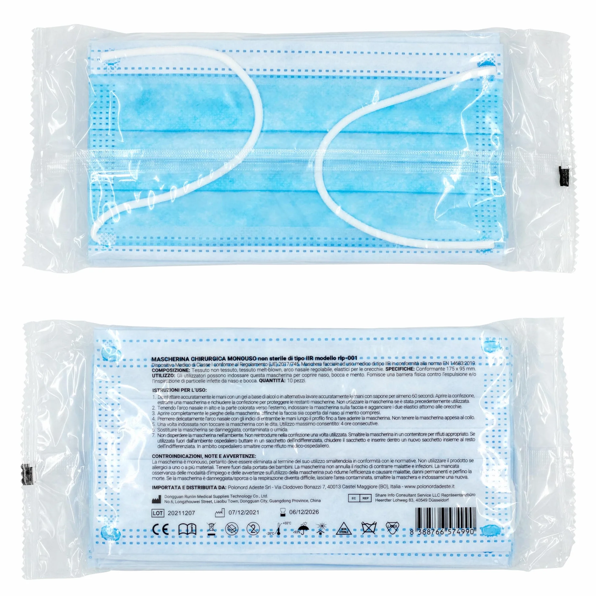 50 mascarillas quirúrgicas desechables de 3 capas tipo IIR resistentes a las salpicaduras y conformes a la norma UNI EN 14683:2019+AC:2019 | BFE >98%