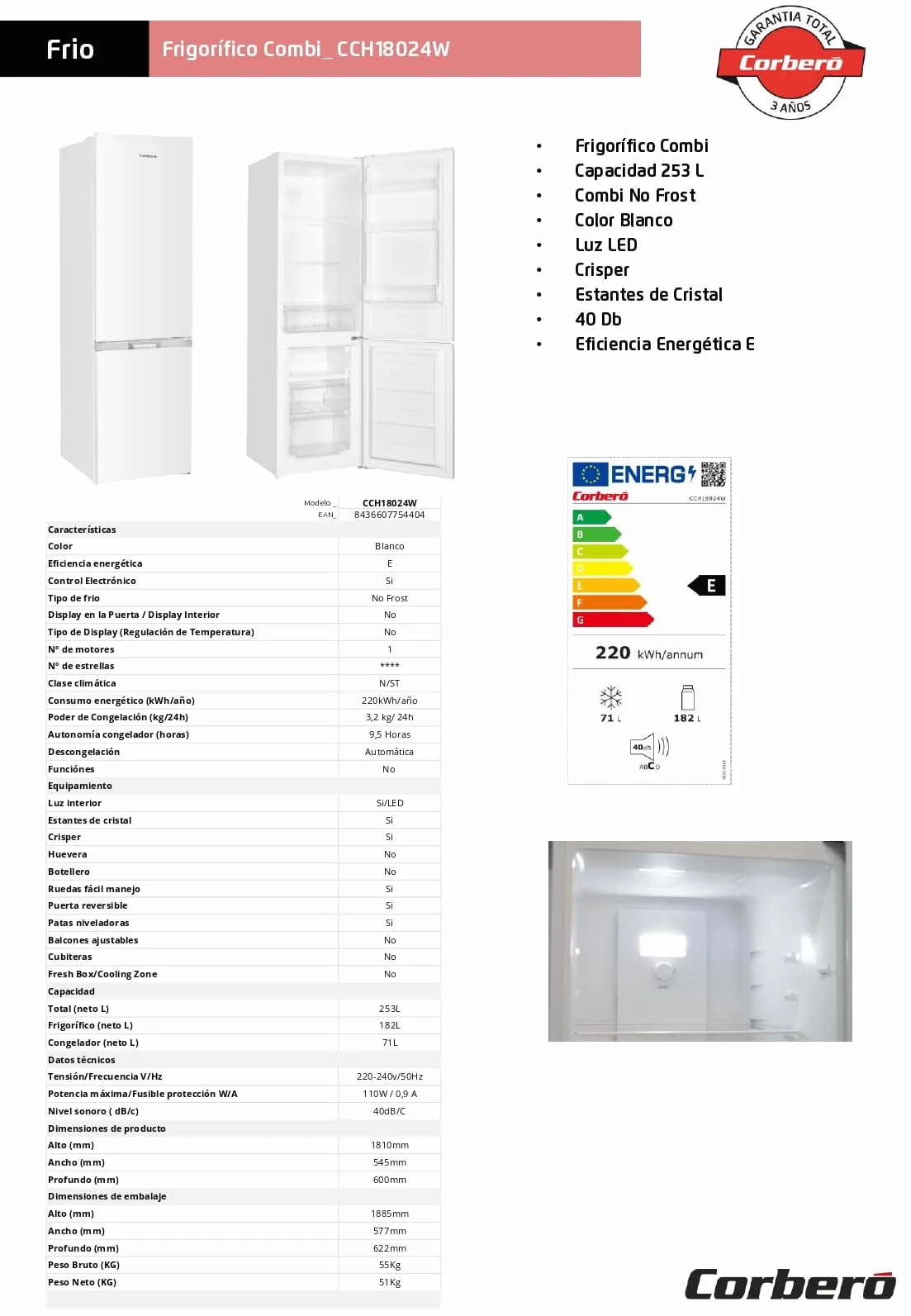 Frigorífico Combi Corbero CCH18024W No Frost 253L 181 cm Luz LED Blanco