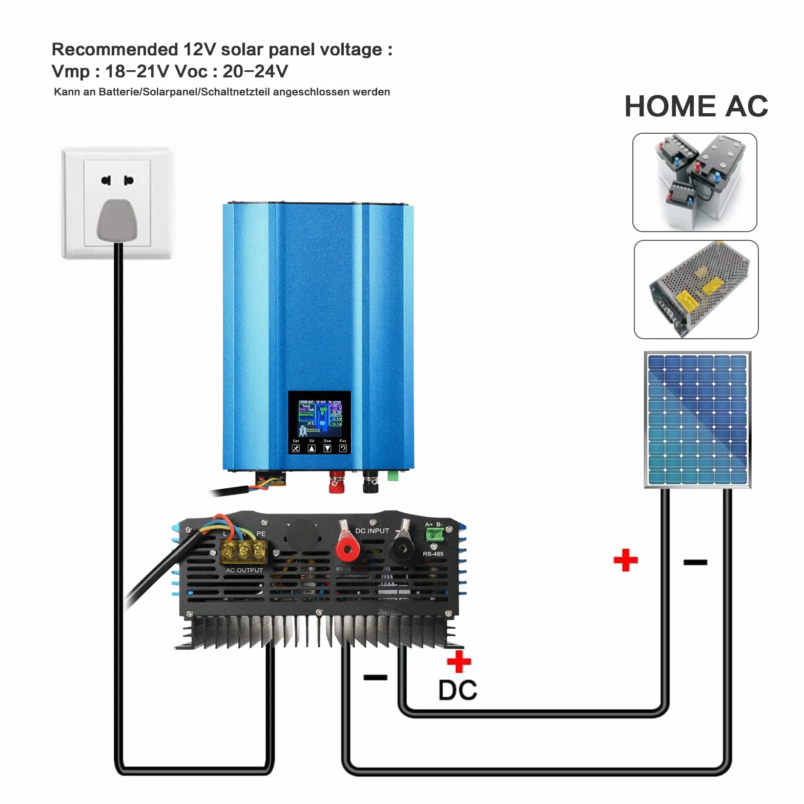 DEWIN Inversores Solares, Inversor Solar Inversor MPPT Grid Tie para Paneles solares fotovoltaicos 24V Descarga de batería Ajustable AC 220V 1000W