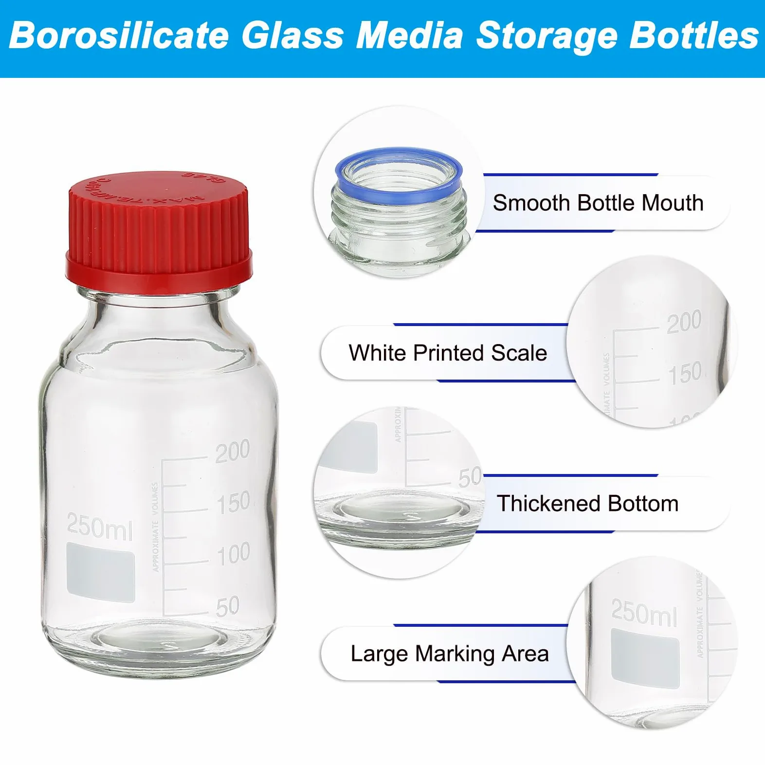 PATIKIL 12 Piezas Frascos De Almacenamiento Para Medios Reactivos, 250ml Frascos Redondos Graduados De Vidrio Borosilicato Con Tapa Roja GL32 Para Líquidos Reactivos De Agua En.