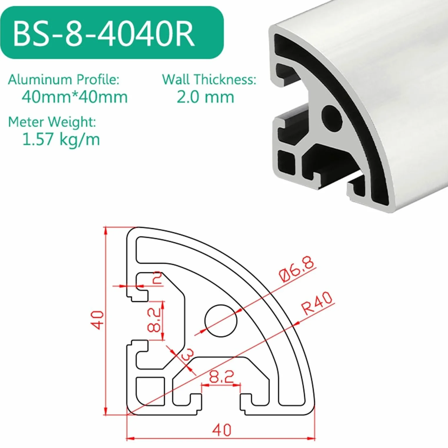 Perfil de extrusión de aluminio plateado 4040R, estándar europeo, ranura de 8,2 mm, riel de arco de 40 x 40 mm, for estanterías industriales, marcos de bricolaje Marco(650mm)