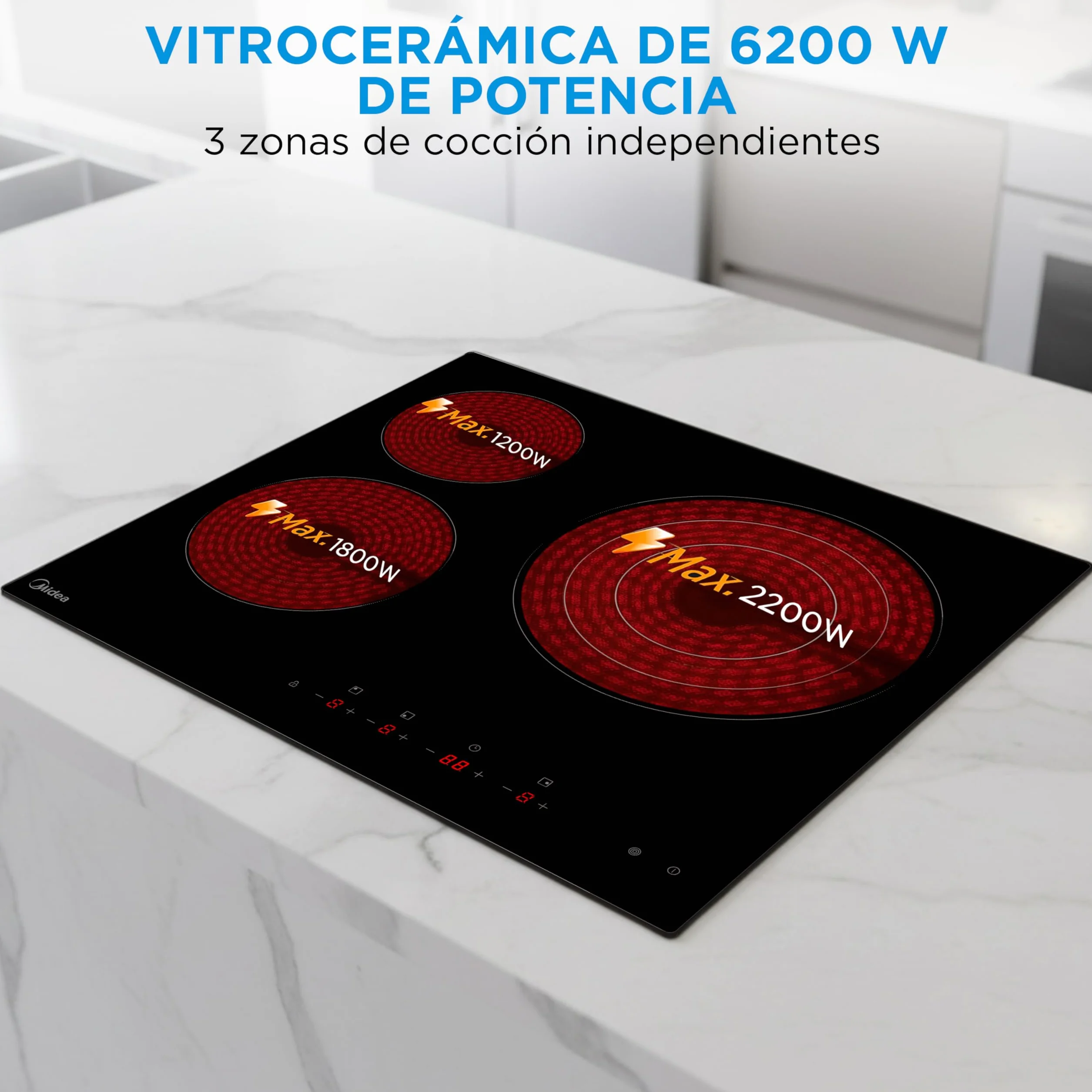 MIDEA Placa Vitrocerámica 3 Fuegos 6200 W Integrada con Panel Táctil y Temporizador