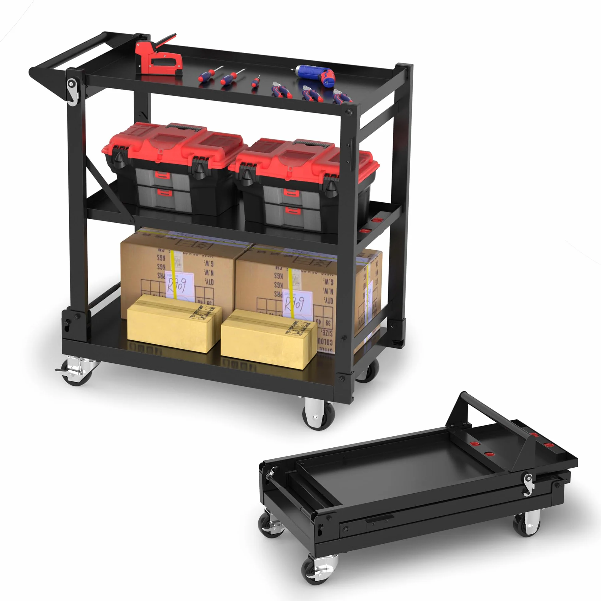 WORKPRO Carro de Servicio, 3-en-1 Carrito Plegable con Ruedas, Estantes de Almacenamiento Multifuncionales de Alta Resistencia, para Cocina, Hotel, Taller, Oficina, Almacén y Casa
