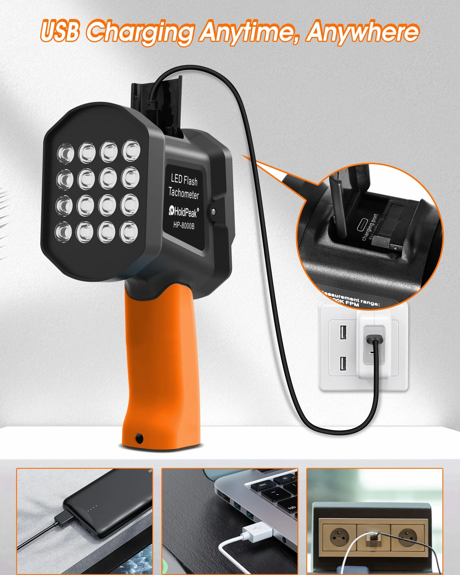 Estroboscopio LED Tacómetro Digital Sin Contacto 60-100.000 RPM Recargable USB Pantalla LCD