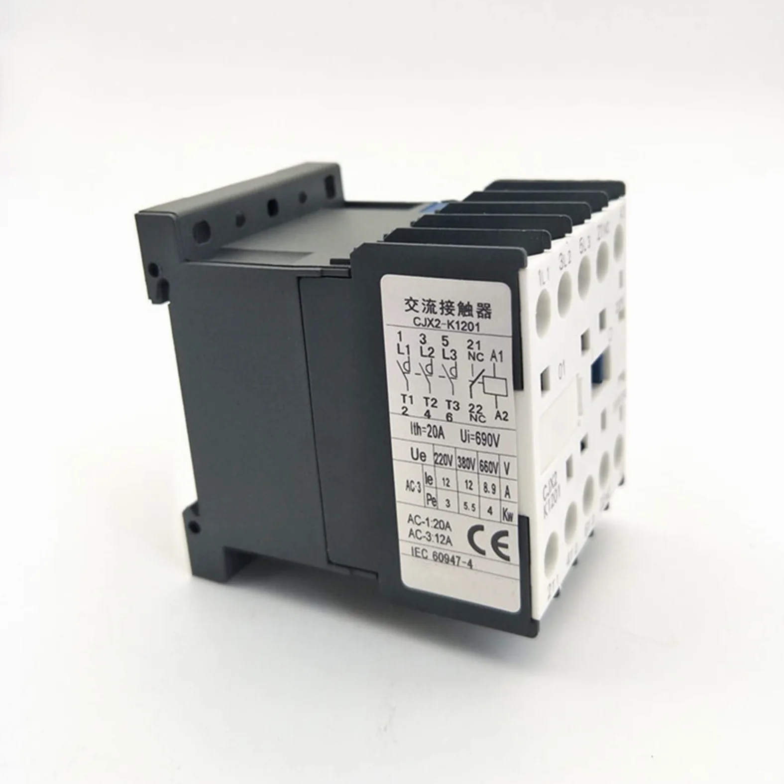 Contactor CJX2-K1201 Bobina de 220 voltios Carril DIN de 35 mm 12a Tres Polos 3p 1nc AC Contactores Electricidad Industrial