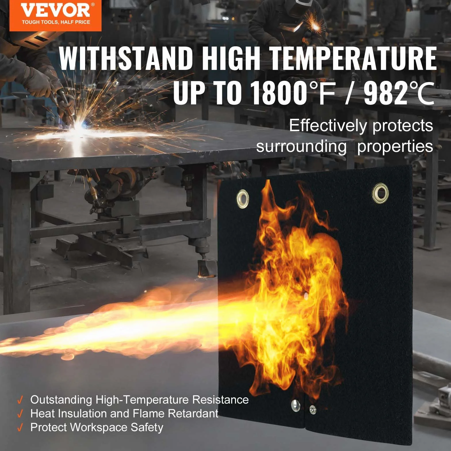 VEVOR Manta de soldadura retardante de llama, manta ignífuga de 305 x 305 mm, fibra de carbono, resistente al calor, 982 ℃, estera de protección de antorcha de propano con ojales metálicos