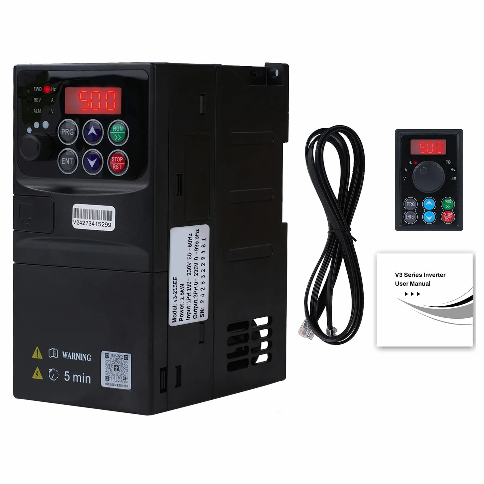1.5kw Variador de frecuencia 220V Entrada monofasica 230V Salida trifasica 220V Variador de frecuencia VFD Cuadro de control extraible modelo V3-215EE (con cable de extension de 1,5m)