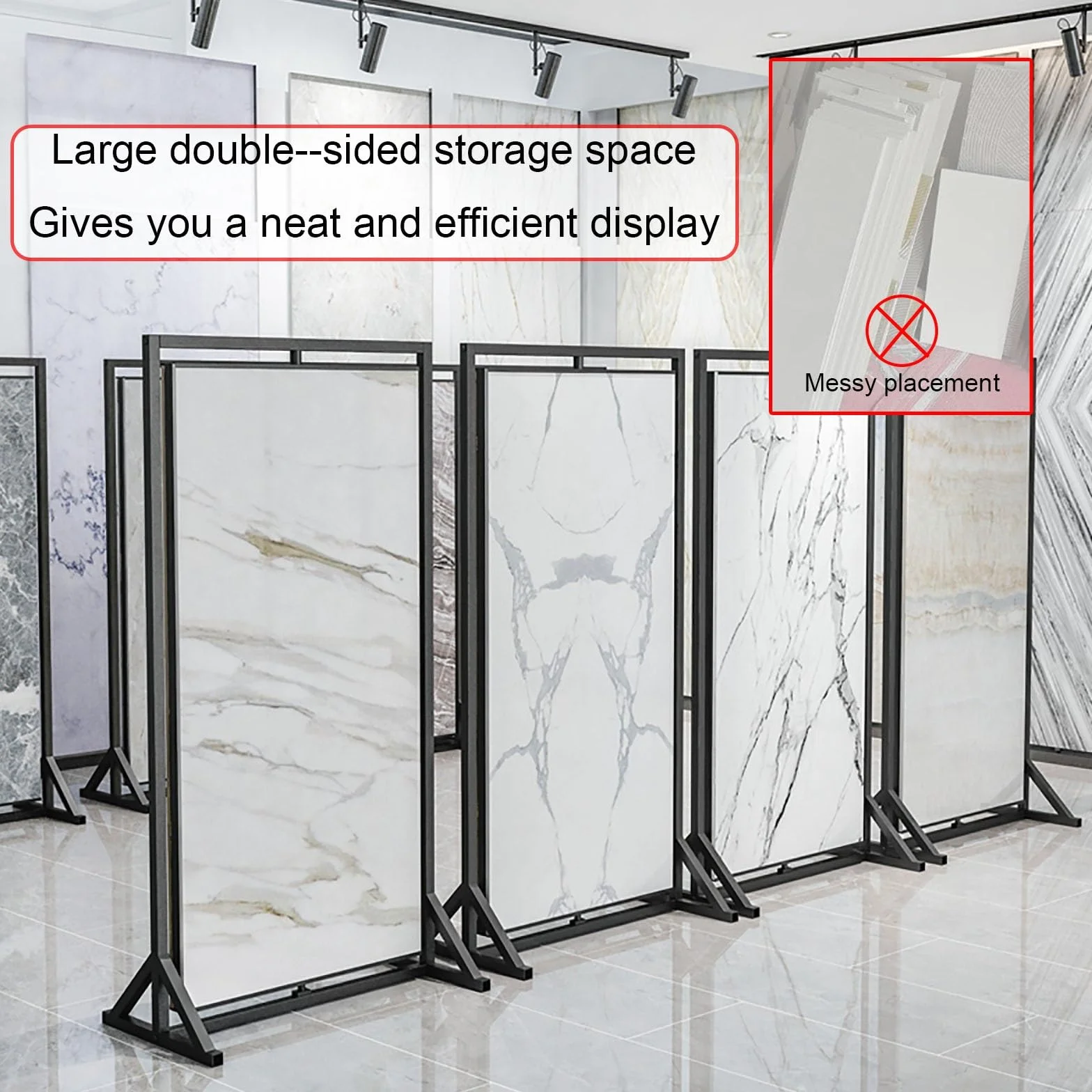 Estante de exhibición de azulejos de metal, soporte giratorio de doble cara para muestras de materiales de construcción, ideal para salas de exposiciones y organización de suelos