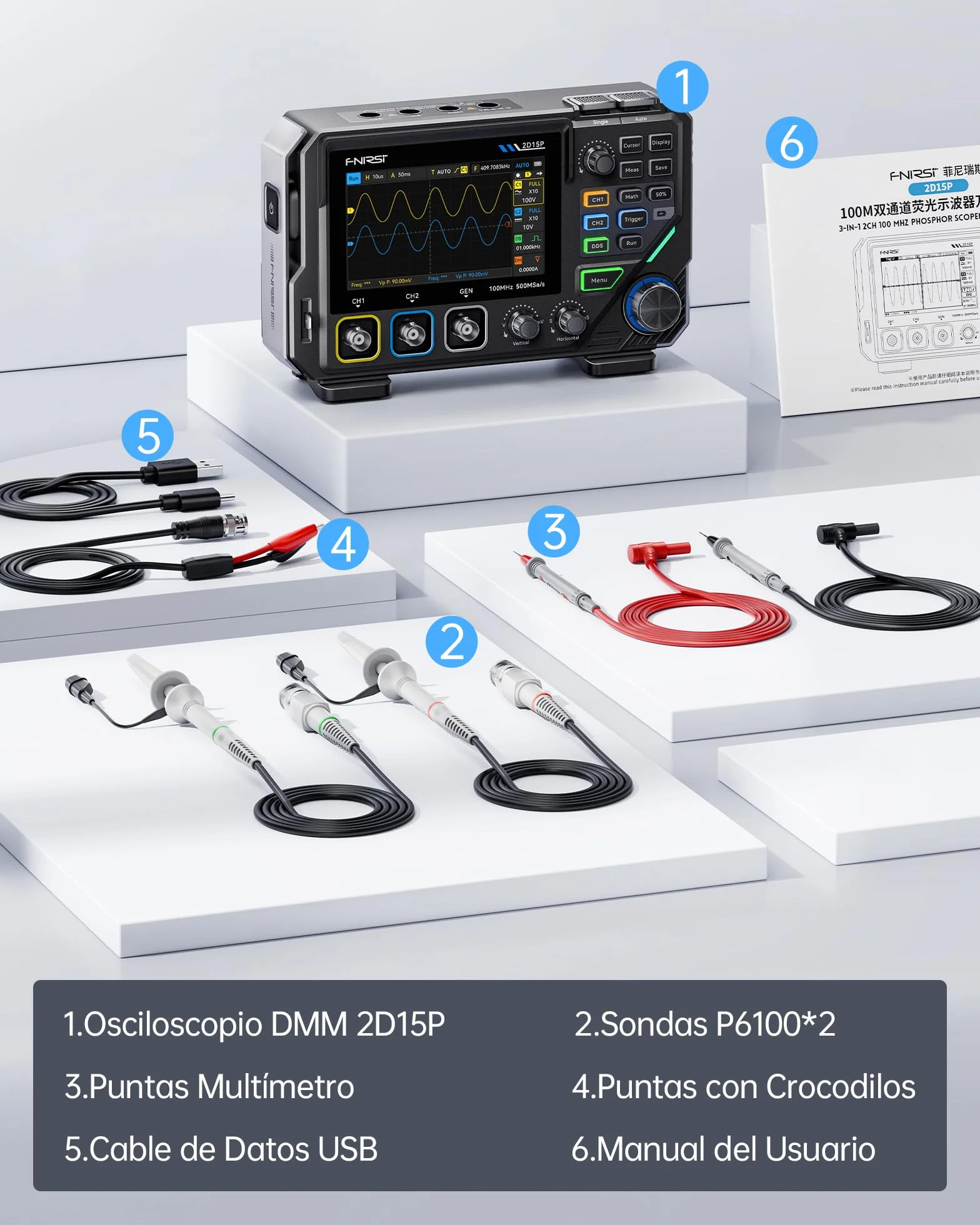 FNIRSI 2D15P Osciloscopio Digital de 100 MHz, Multímetro, Generador de Señales DDS, 3 en 1, 2 Canales, Multímetro Automotriz, 19’999 TRMS, Muestreo de 500MS/s, Pantalla Táctil de 4,3"