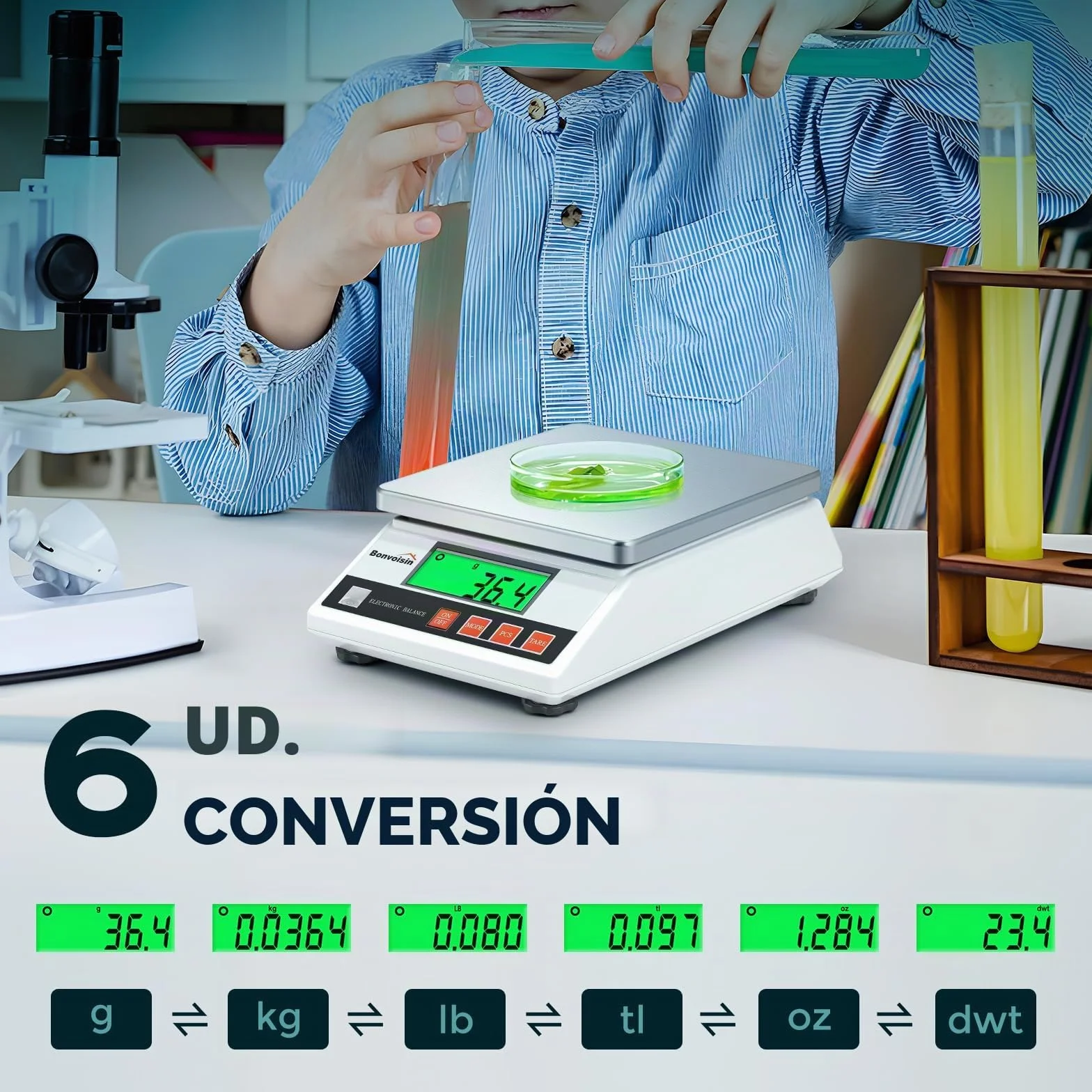 Bonvoisin Báscula de Precisión 6000g/0.1 g, Balanza Cuentapiezas Laboratorio Digital Electrónica Analítica con Certificación CE, Función de Conteo y Tara, Acero Inoxidable, Batería y Cargador (0.1g)