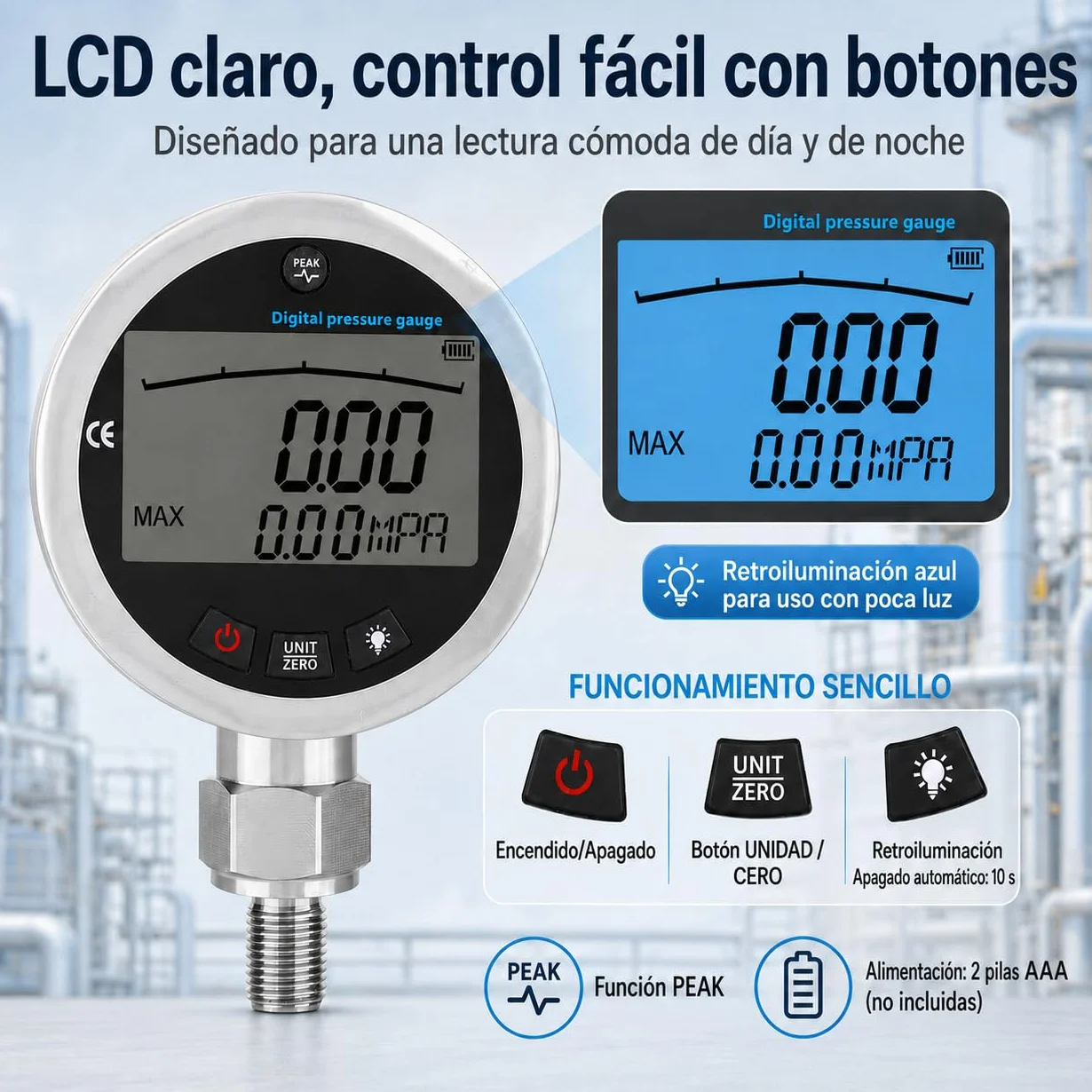 Manómetro Digital Hidráulico, Manómetro de acero inoxidable con Pantalla LCD Iluminada para medir agua, gas, aceite, 400 bar, 0-40 MPa, 10000 PSI con conector G1/4