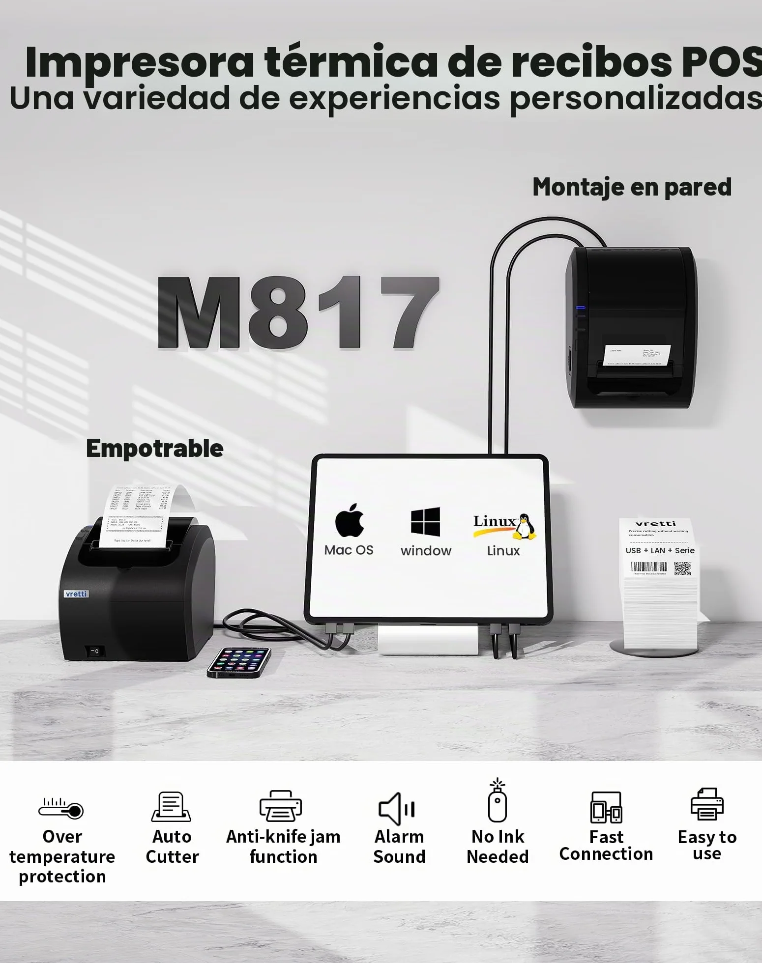 vretti Impresora de Recibo Térmica, Tikitera 80mm con Cortador de Velocidad Alta de 300 mm/s ESC/POS USB/Serial/LAN Compatible con Windows/Mac