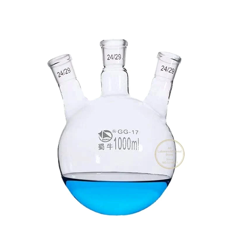 Frasco de vidrio para laboratorio, 1 matraz de destilación de vidrio de tres cuerpos de 50 ml/100 ml/250 ml/500 ml/1000 ml/2000 ml.(1000ml 24x3)