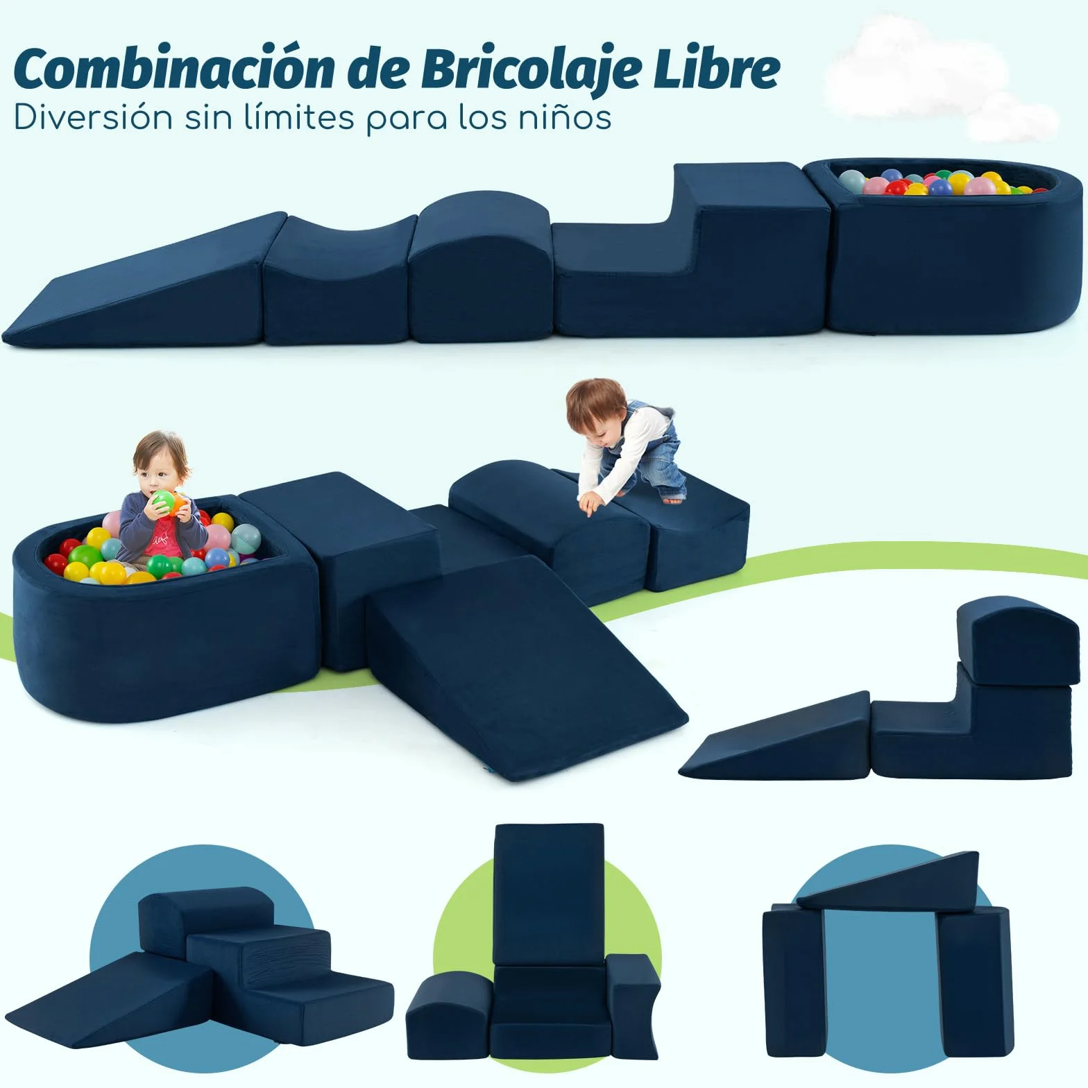 COSTWAY Juego de Escalada y Rampa 5 Piezas, Bloque de Escalada con Piscina de Pelota Infantil, Funda Lavable