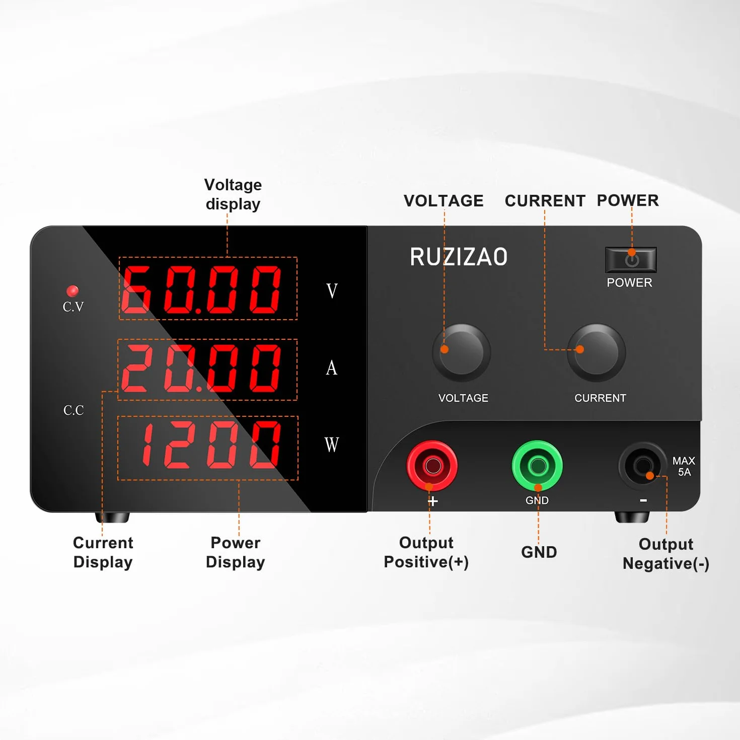 Fuente de Alimentación Regulables 60V 20A 1200W Alta Potencia Alimentación de Laboratorio con Codificador Fuente de Alimentacion de Banco para Carga de Batería 6V/12V/24V/36V/48V y Farolas LED