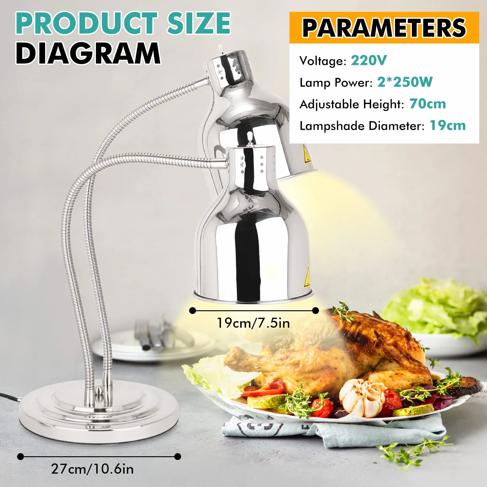 YJINGRUI Lámpara de calentamiento de alimentos 2 x 250 W plateada manguera extensible 70 cm buffet cocina restaurante