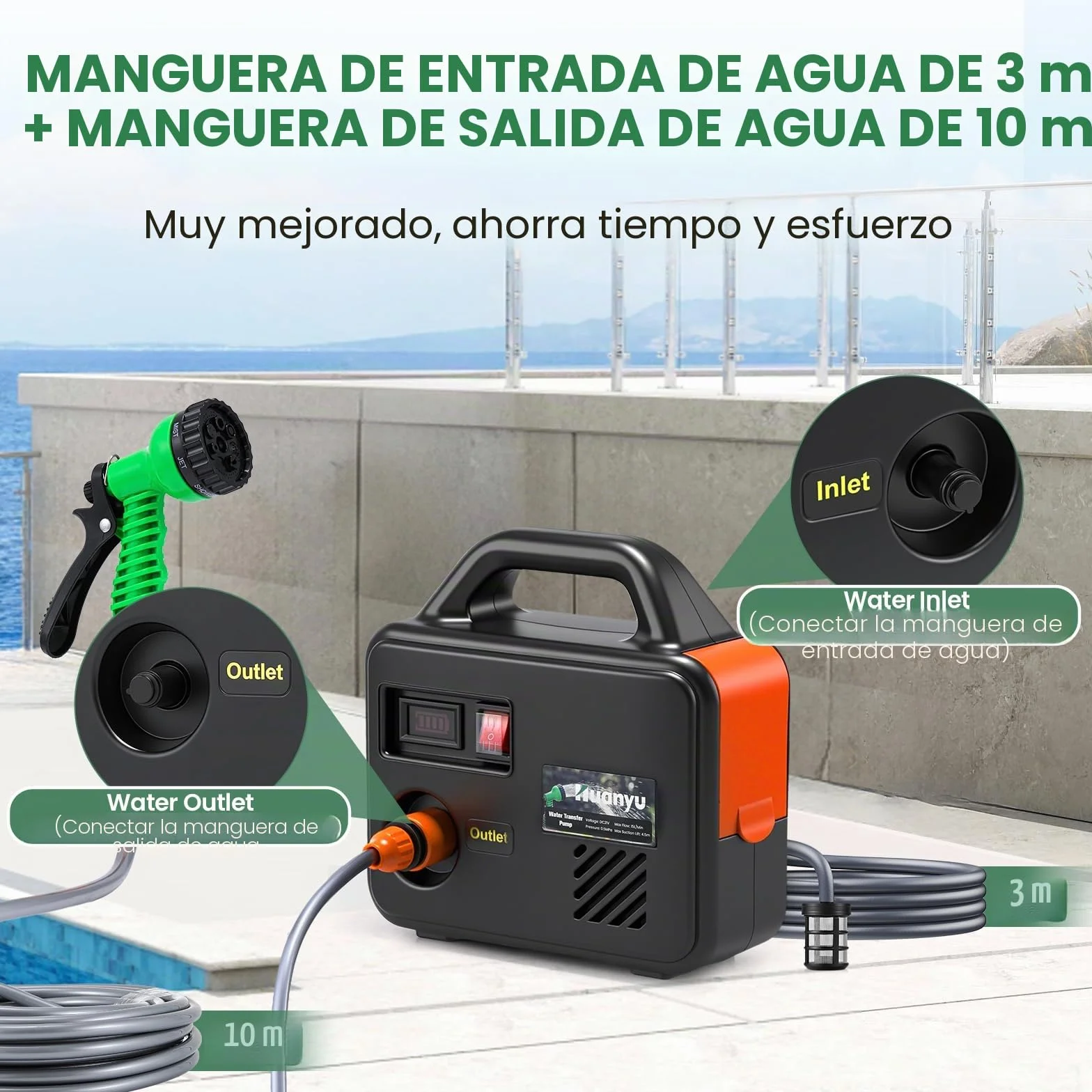 Huanyu Bomba Inalámbrica de Transferencia de Agua Bomba de Agua a Batería con 2x22500mAh 21V Baterías Bomba Eléctrica Portátil con Kit de Manguera de Agua Larga para Riego y Limpieza