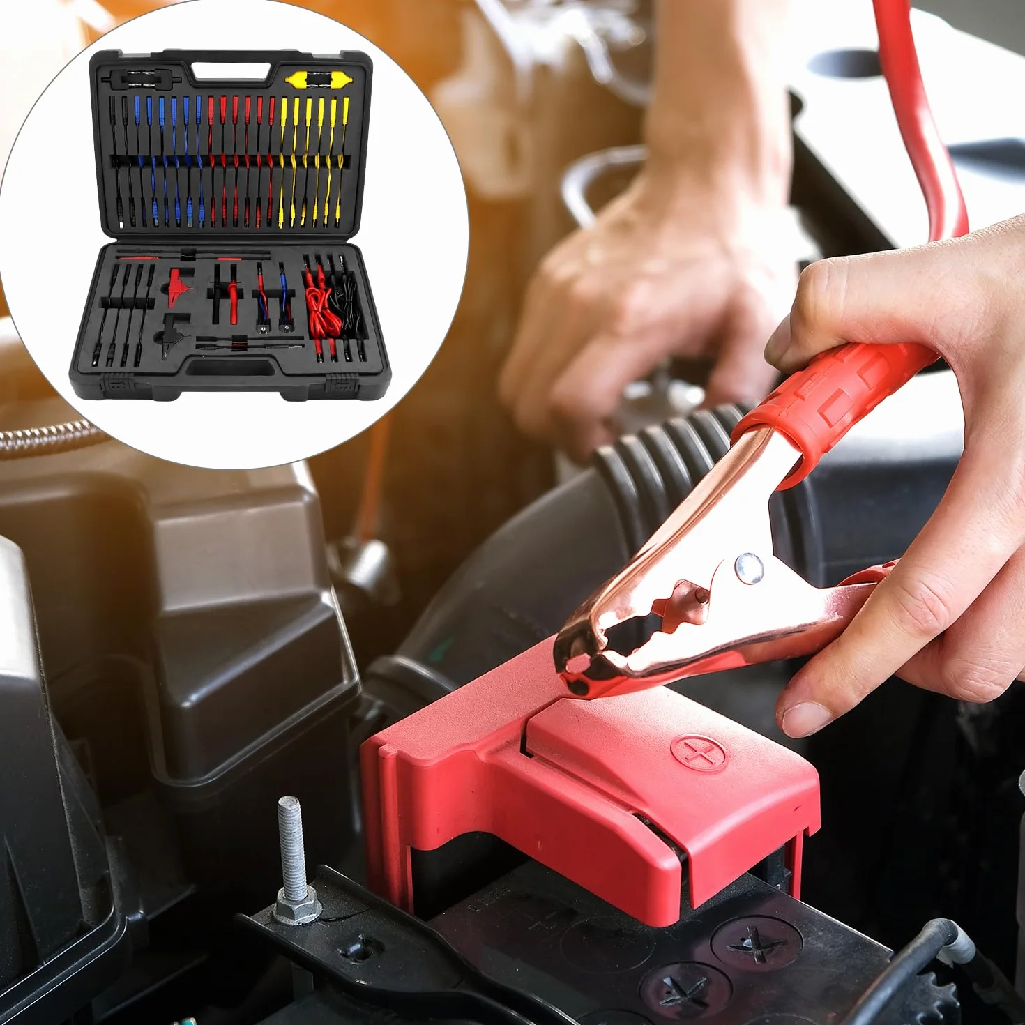 QWORK® 92 Piezas Multímetro Cables de Prueba Kit, Multifuncional Conjunto de Diagnóstico de Circuito Automotriz con Pinzas de Cocodrilo, Sondas, Terminales de Conexión