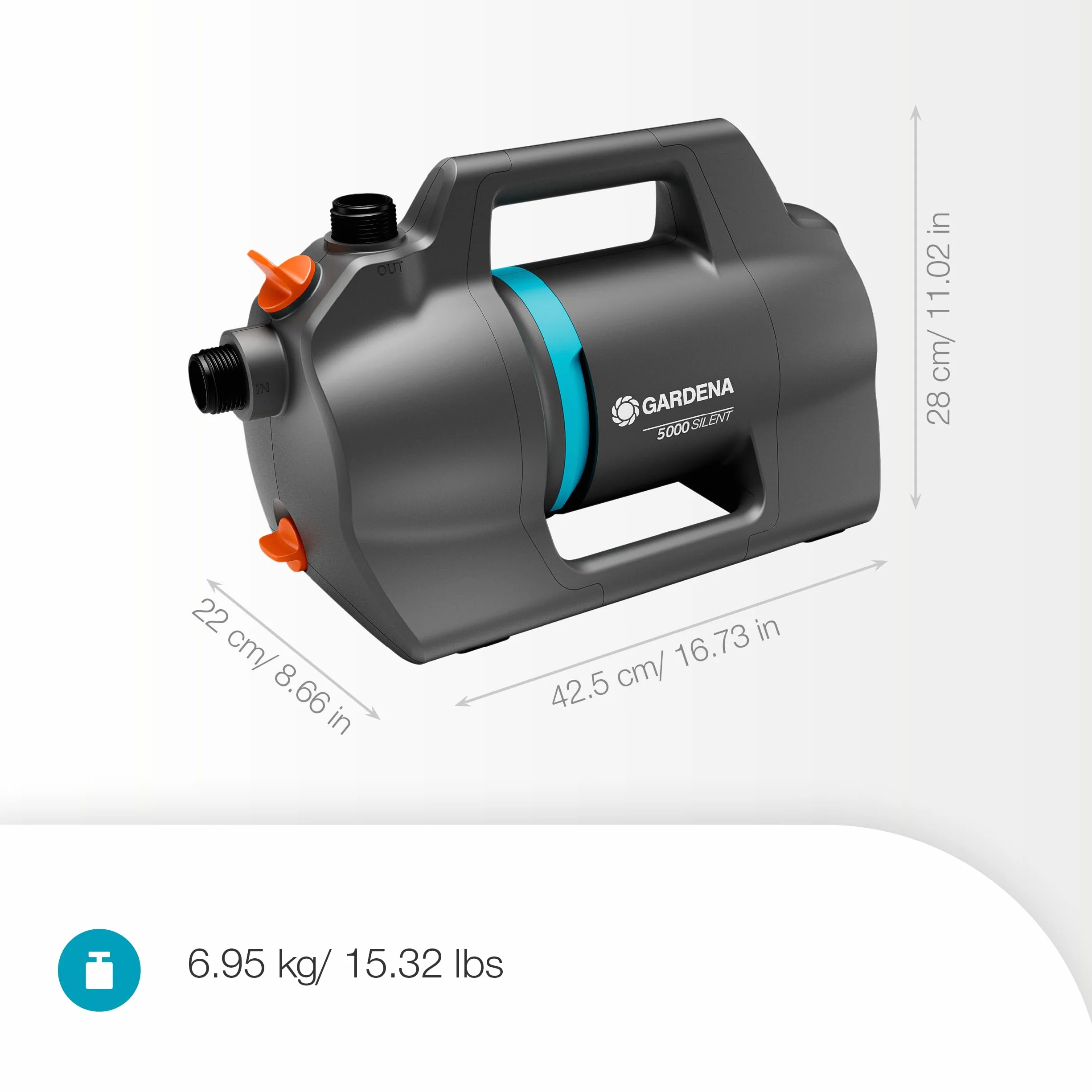GARDENA Bomba de riego 5000 Bombas silenciosas: 26% más de flujo con el mismo consumo de energía, Tecnología silenciosa, Carcasa resistente a la lluvia y a los rayos UV (9080-20)