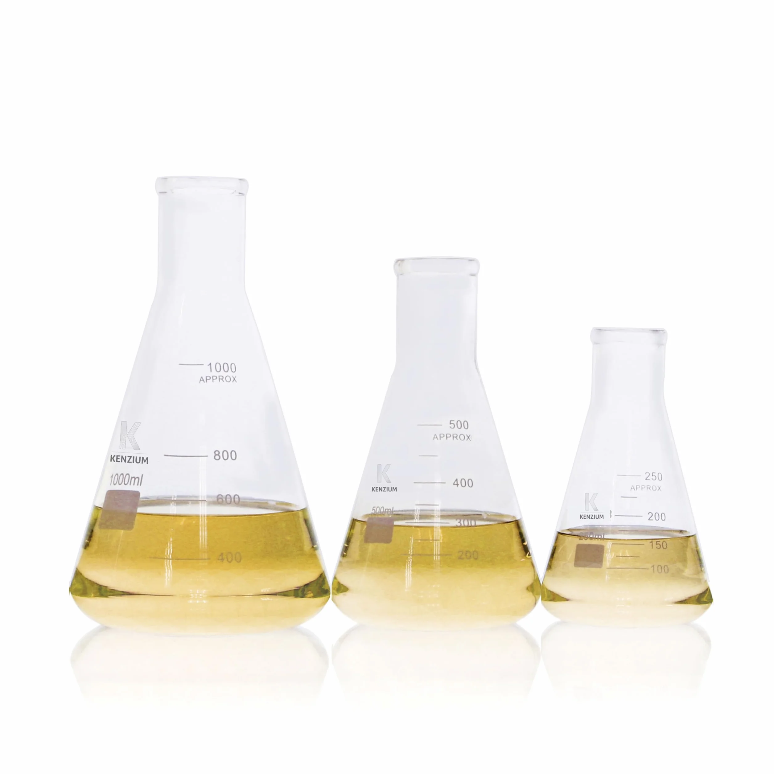 KENZIUM - Pack 3 x Matraces Erlenmeyer | 3 Medidas: 250 ml 500 ml y 1000 ml | Vidrio Borosilicato 3.3 | con Graduación Impresa | de Boca Estrecha | Ideal Laboratorio y Educación