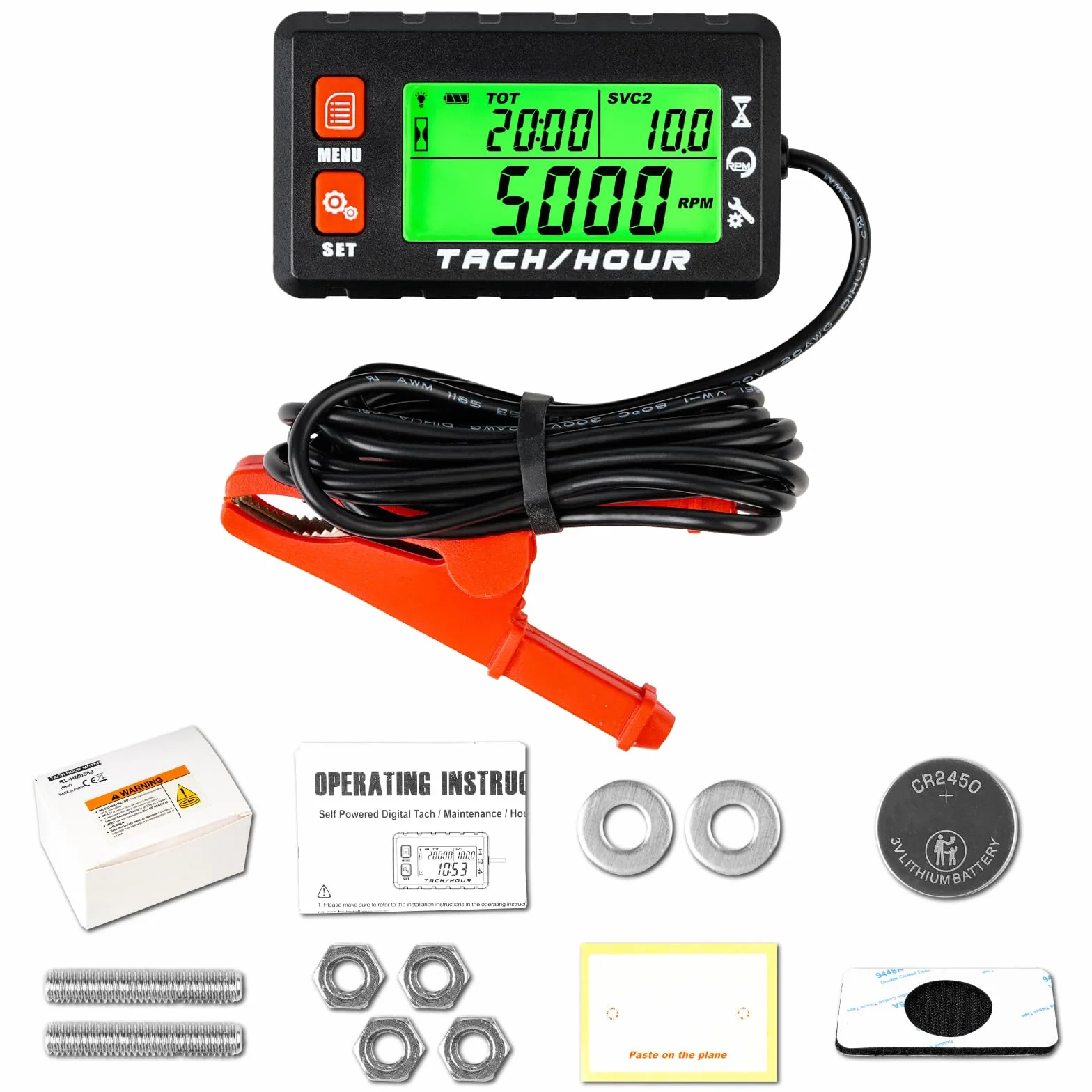 Tacómetro digital contador de horas impermeable con pinza de cocodrilo y batería reemplazable