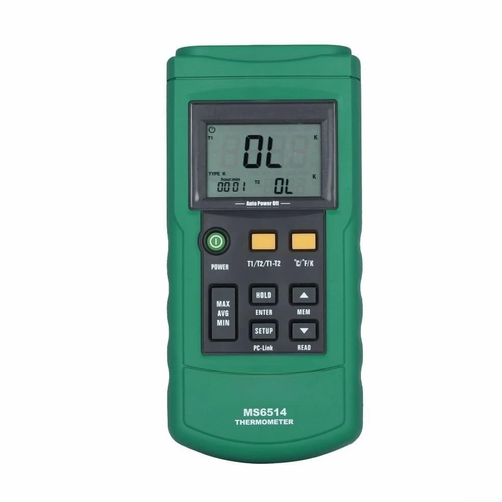 Registrador de datos de temperatura de doble canal habilitado por USB MS6514 para uso industrial y de laboratorio con registro manual/automático y pantalla LCD