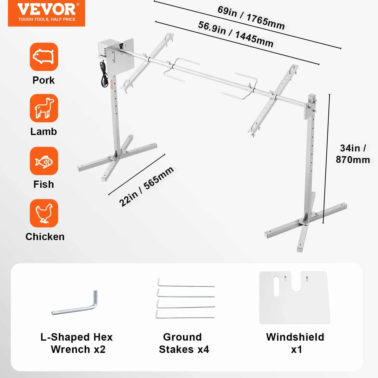 VEVOR Parrilla de Cordero 60 kg Parrilla de Barbacoa para Cerdo, Cordero, Cabra, Motor eléctrico de 52 W Asador Comercial de Acero Inoxidable con Escudo térmico, Longitud de asador de 1445 mm