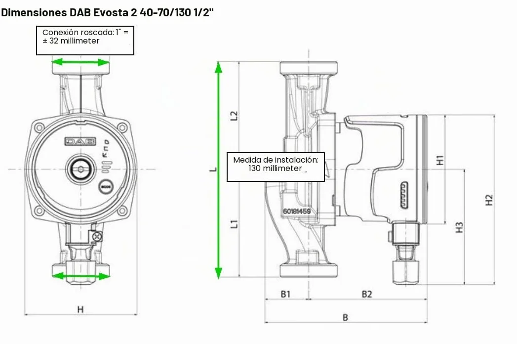 DAB - Bomba Circuladora de Calefacción EVOSTA 2 40-70/130 de Rotor Húmedo y Para Luz Solar