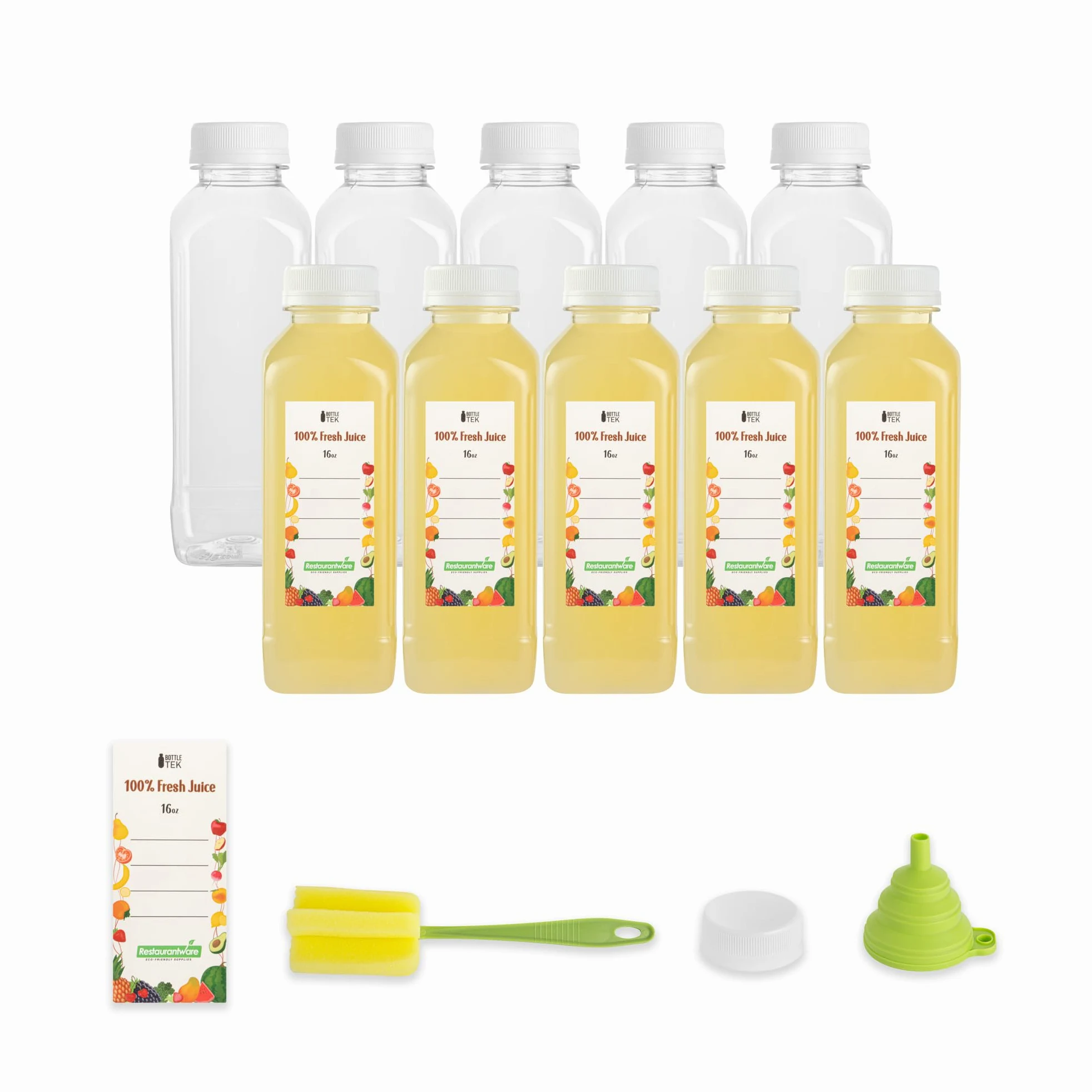 Restaurantware Botella Tek de 16 onzas para jugo, 1 botella con tapa, incluye etiqueta, tapa, cepillo y embudo, recipiente vacío de plástico transparente, para batidos, leche o agua