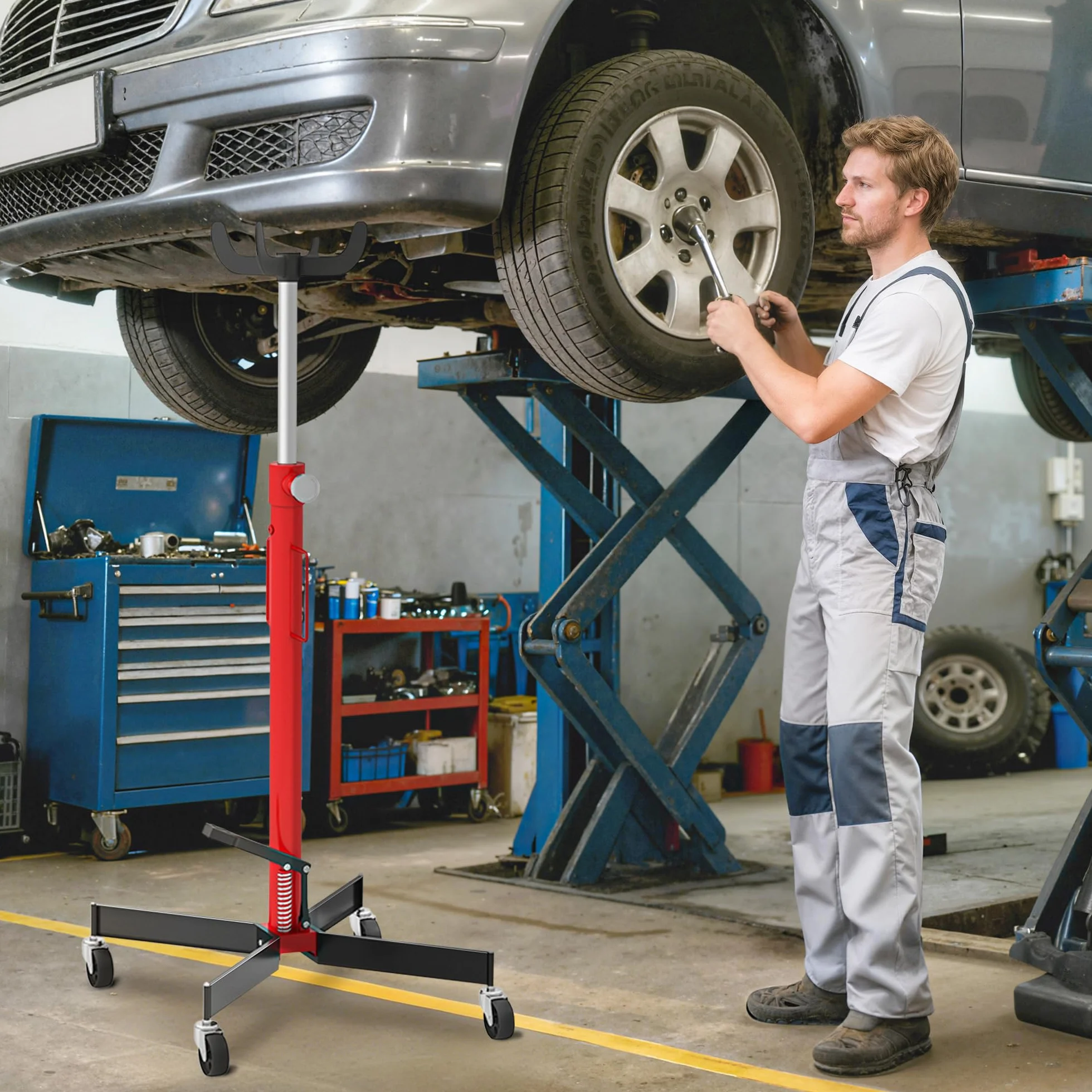 HOMCOM Gato hidráulico de foso para caja de cambios, gato elevador de acero 500 kg, altura regulable 110-191,5 cm, gato hidráulico de transmisión 4 ruedas giratorias, pedal, para coches, rojo