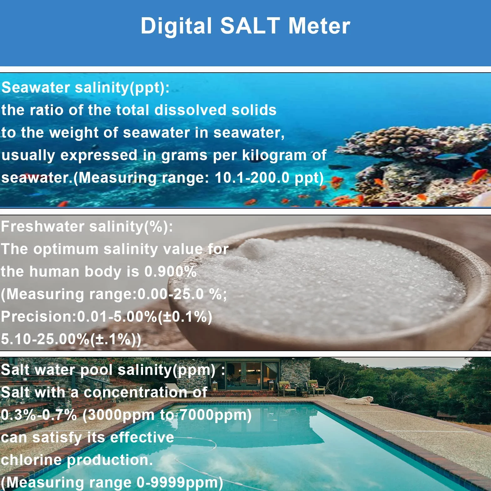 Medidor pH digital 5 en 1 TDS EC Salinidad Temperatura IP67 impermeable