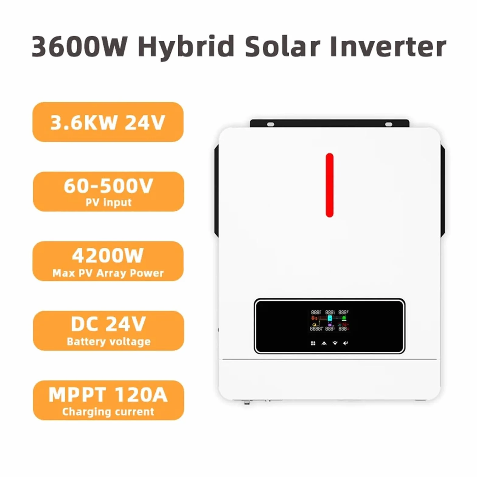 Inversor Solar híbrido de 3,6 KW, inversor de Onda sinusoidal Pura de 24 V y 110 V con Controlador de Carga Solar MPPT de 120 A, inversor Fuera de la Red
