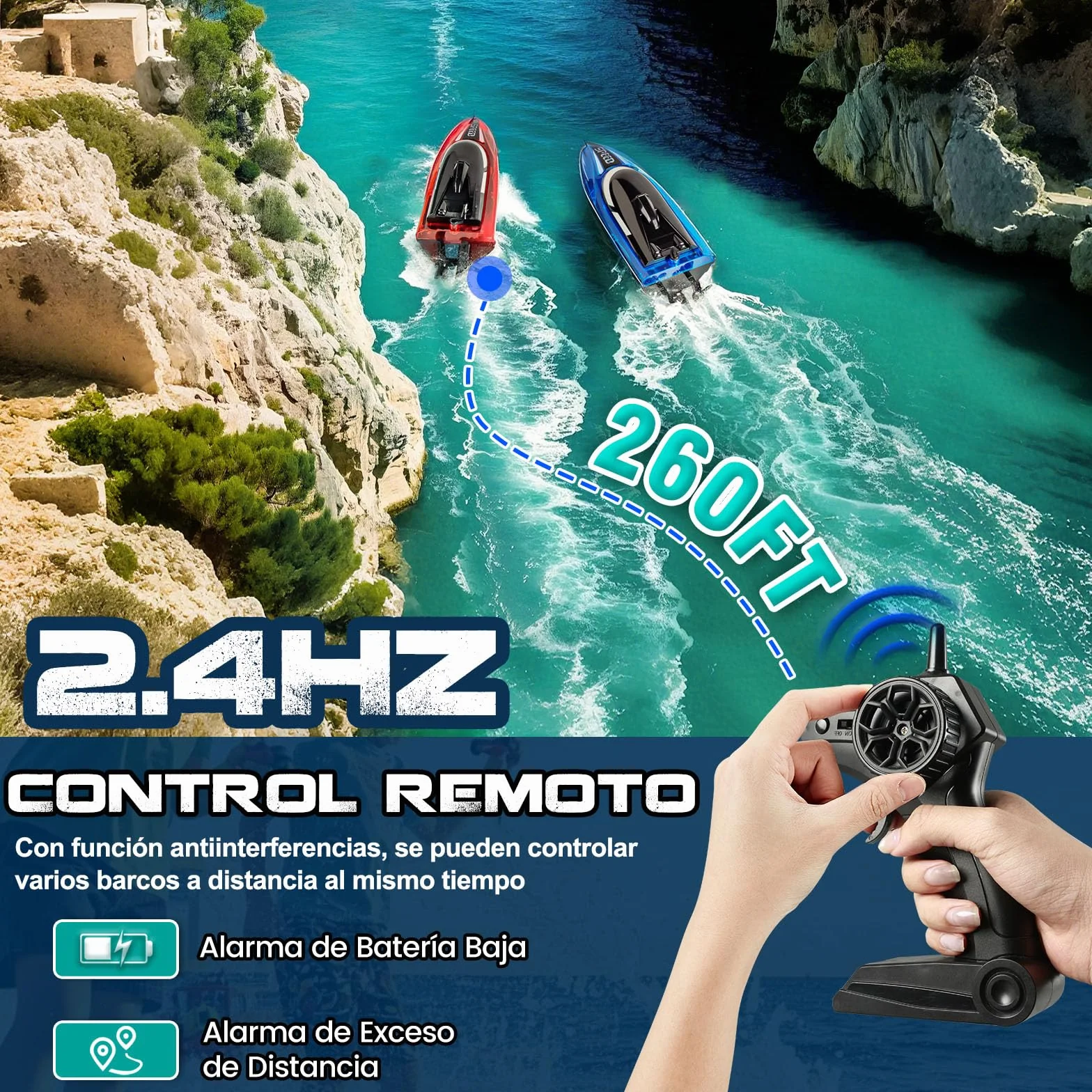 Barco Teledirigido 2.4GHz con Luces LED, Alarma de Batería Baja, 2 Piezas, RC Regalo para Niños y Adultos (Rojo + Azul)