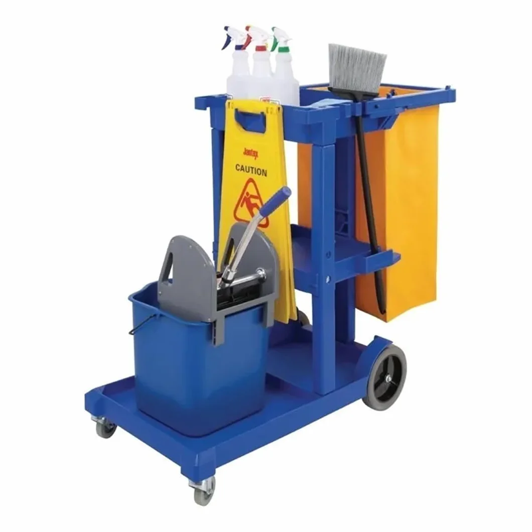 Clim Profesional - Carro de Limpieza Multifuncional Profesional | Equipado con Ruedas y 3 Bandejas | Ideal para Hostelería y Grandes Superficies, Azul y Amarillo, Plástico