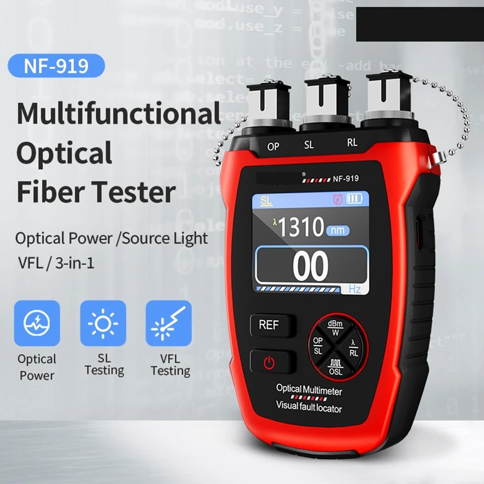 Probador de fibra óptica, NF-919 Medidor de potencia 3 en 1 Fuente luz estable VFL REF Localizador visual fallas Luz roja Herramienta prueba fibra óptica