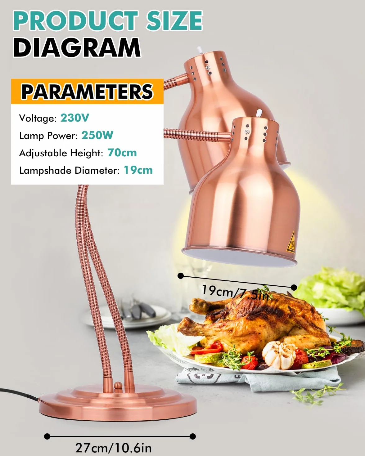 Lámpara de calor para alimentos YJINGRUI 250W ×2, manguera extensible 70 cm, buffet restaurante cocina