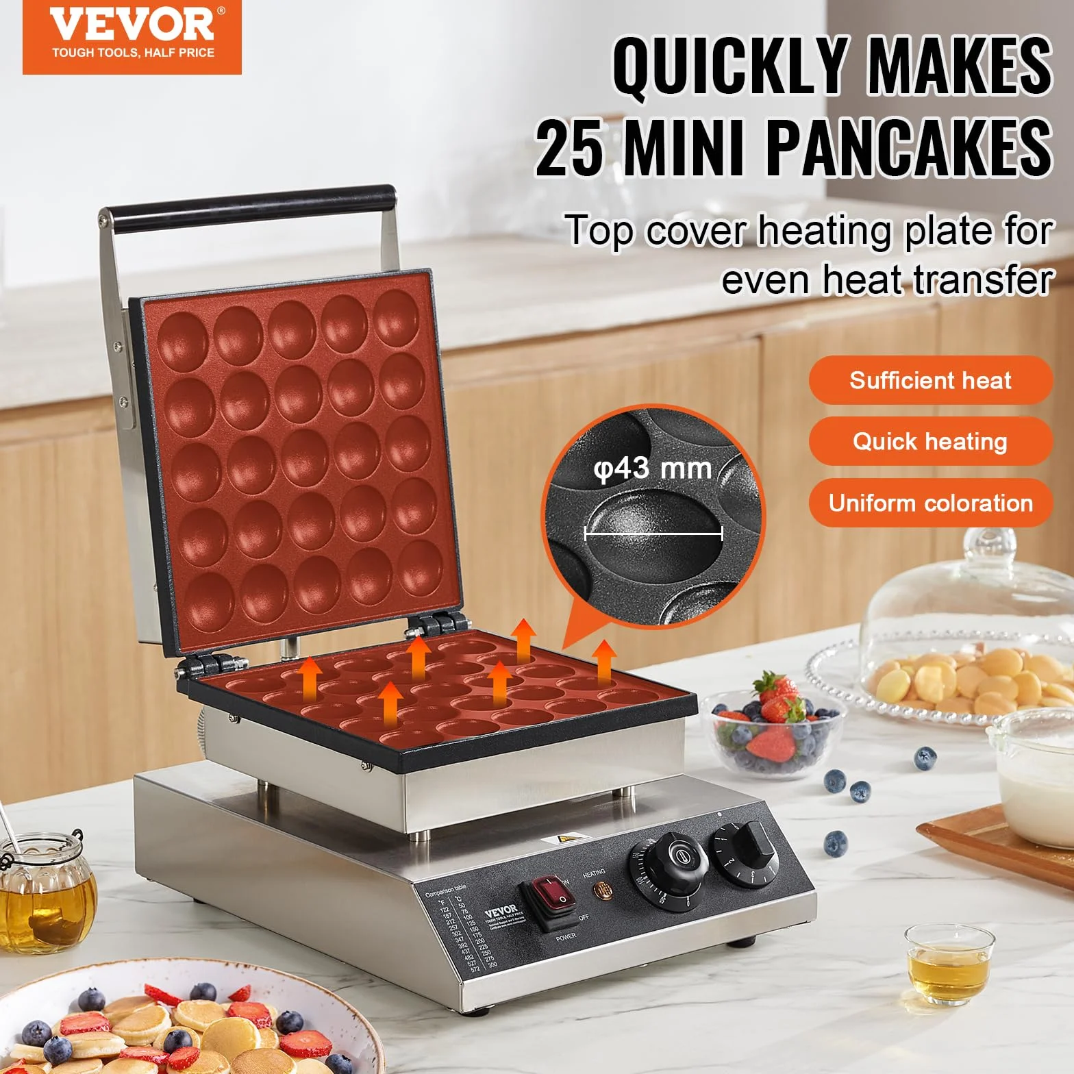 VEVOR Mini Máquina para Hacer Panqueques Holandesa, 43 mm diámetro,1700 W, Acero Inoxidable Antiadherente, Control de Temperatura y Tiempo, para Cocina Casera y Restaurante, 310 x 392 x 230 mm, 25P