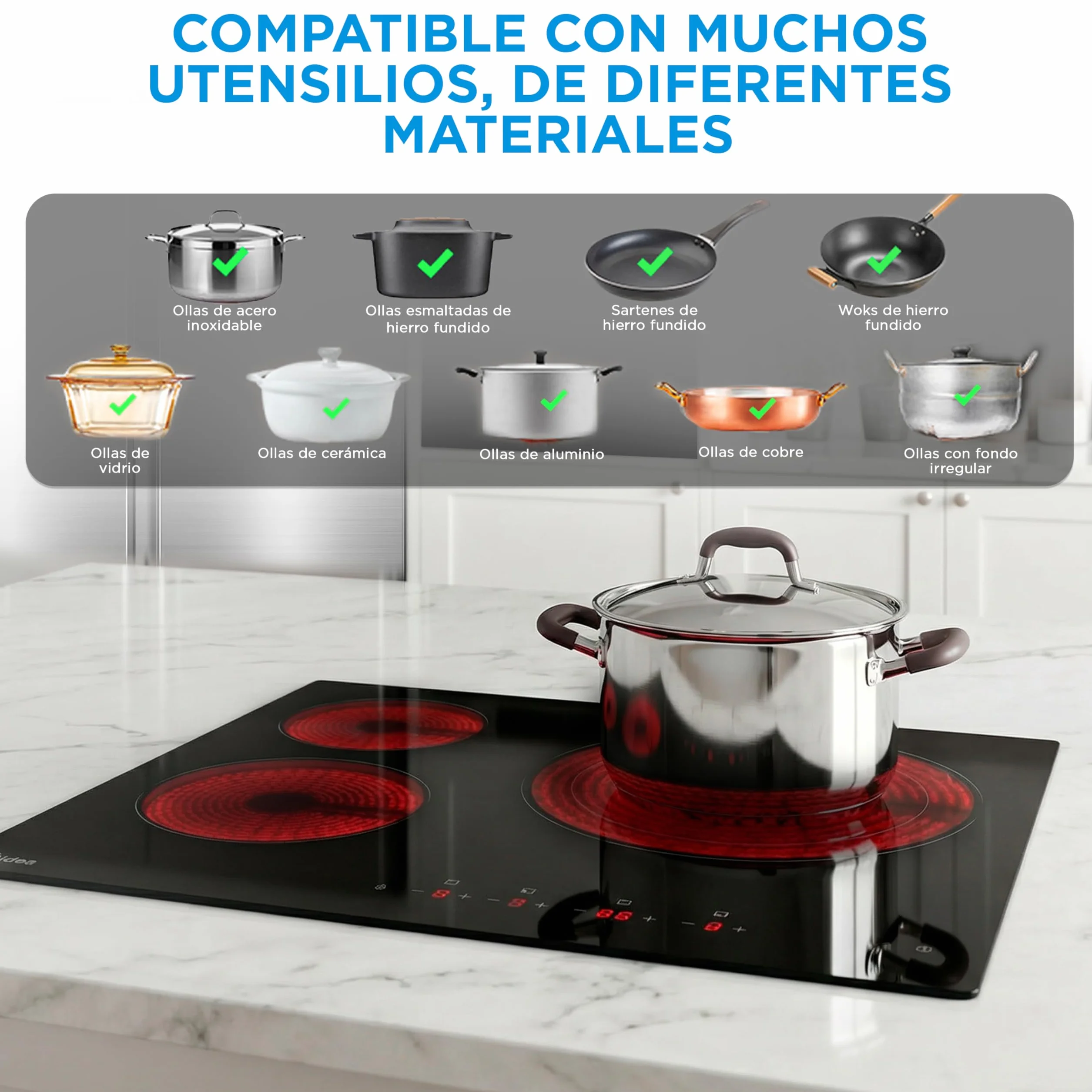 MIDEA Placa Vitrocerámica 3 Fuegos 6200 W Integrada con Panel Táctil y Temporizador