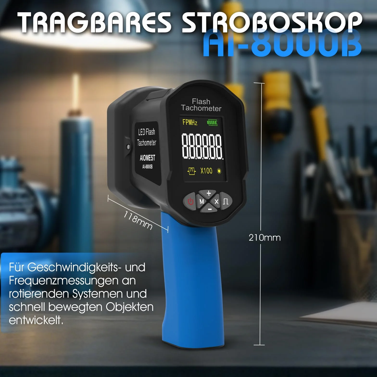 RPM Estroboscopio Digital AIOMEST AI-8000B Medidor de RPM Sin Contacto 60~100.000 RPM/Hz Alta Precisión 0,001% Luz Estroboscópica Ajustable