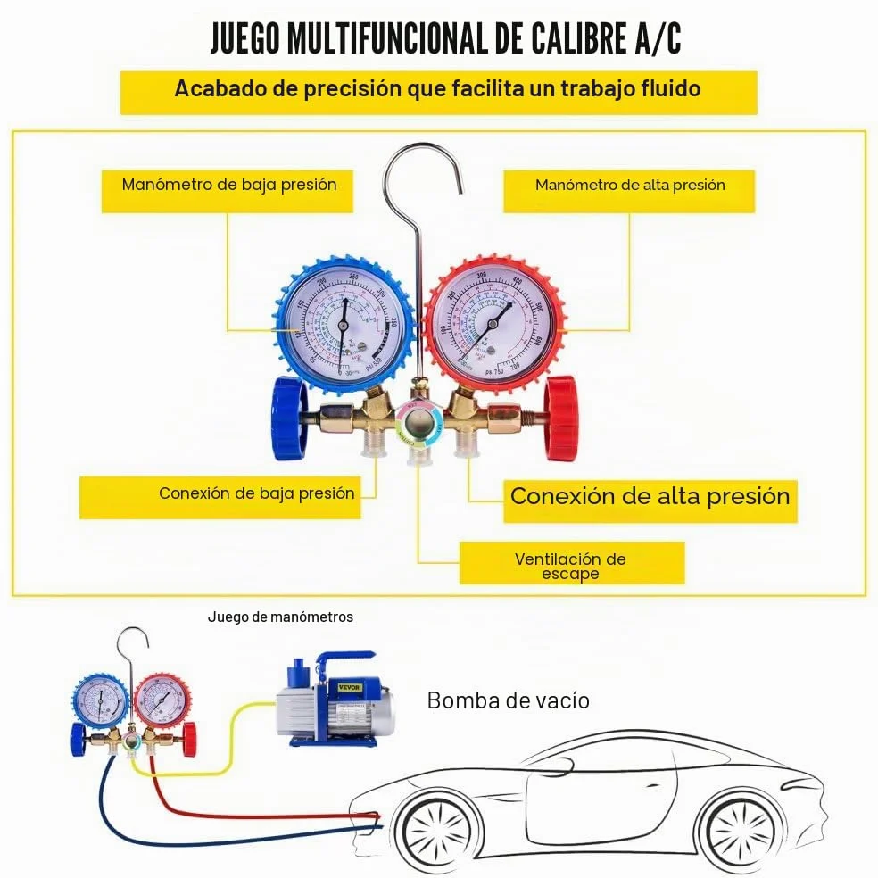 Bomba de Vacío 1,8CFM 1/4HP 220V / 50-60Hz para Aire Acondicionado Bomba de Vacío Coche con Medidor De Colector 1440 TR/Min Anti-Reflujo Aceite para Aire Acondicionado Coche Automotriz Refrigerador