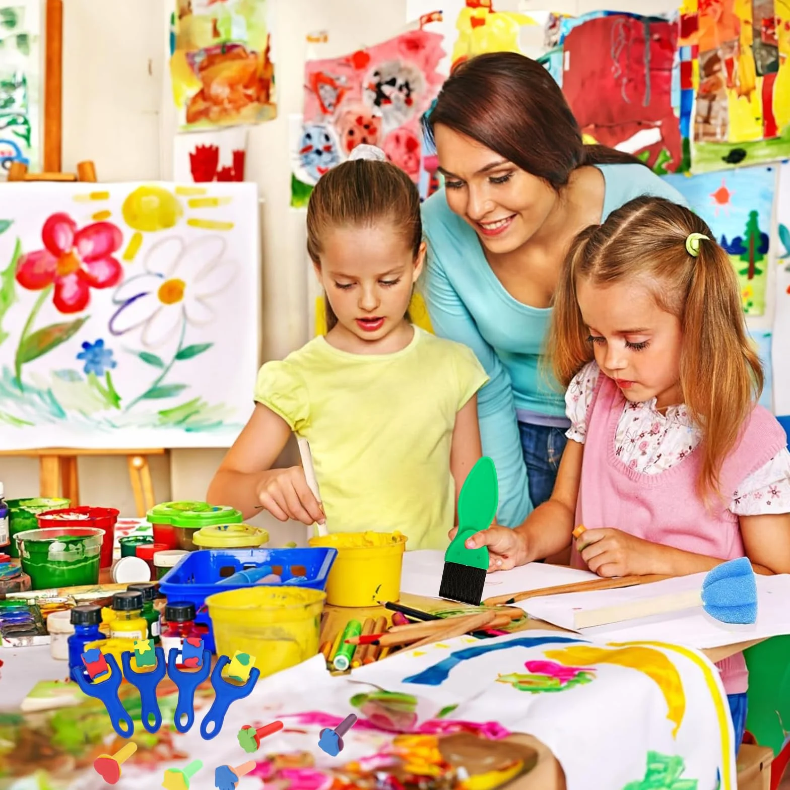 Set de Pinceles para Niños 31 Piezas, Herramientas de Pintura con Esponjas y Sellos