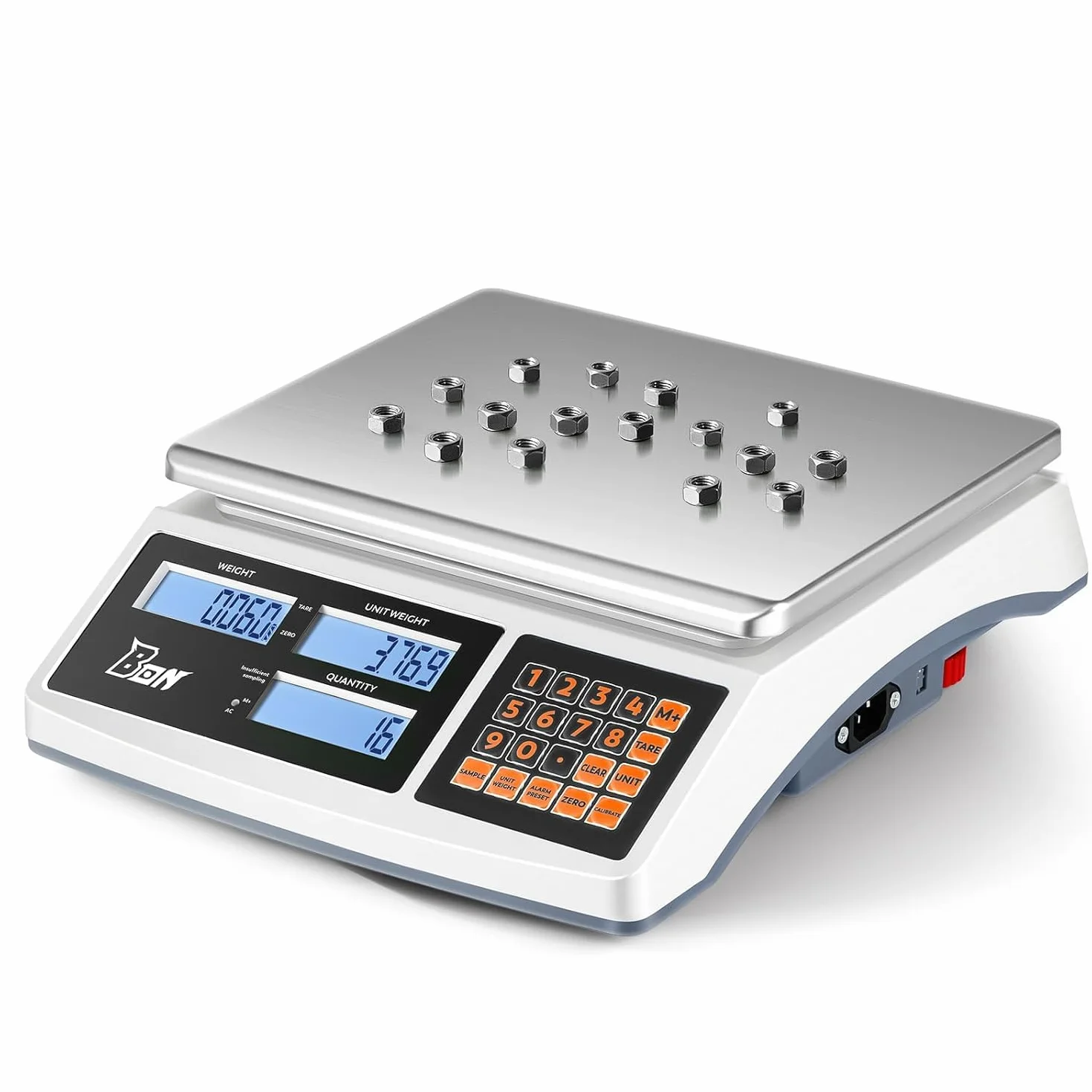 Bonvoisin 30kg x 0.1g Balanza Cuentapiezas Industrial, Conversión g/kg/lb, Exportación RS232, Alimentación CA/Batería, Plataforma Acero Inoxidable, Pantalla LCD, para Monedas, Piezas, Joyería