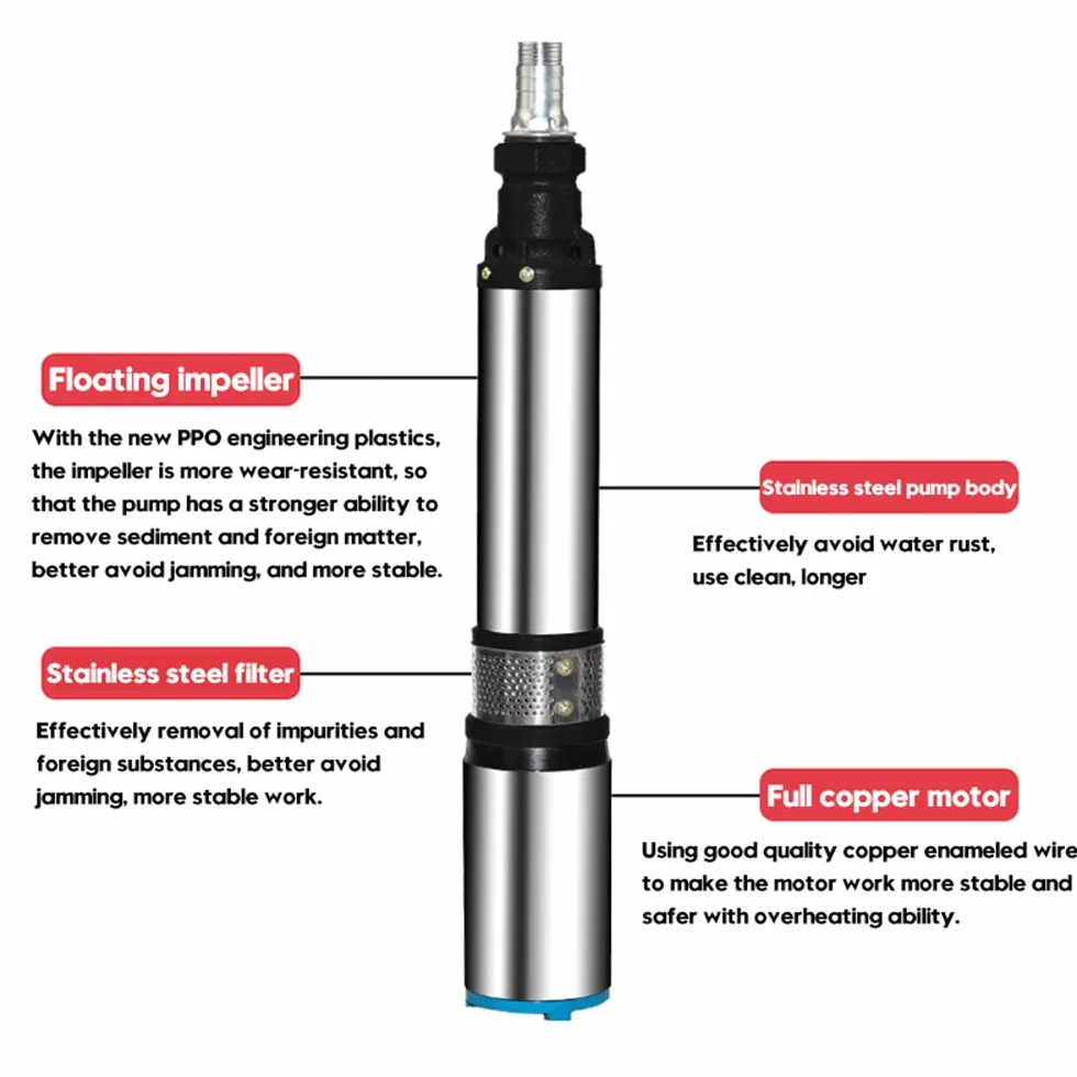 Bomba de Agua Solar 500W 48V/60V, Acero Inoxidable y Hierro Fundido, Submersible, 2m³/h, 50m, 25mm, 78mm x 495mm, Alta Presión, para Jardín e Irrigación Agrícola