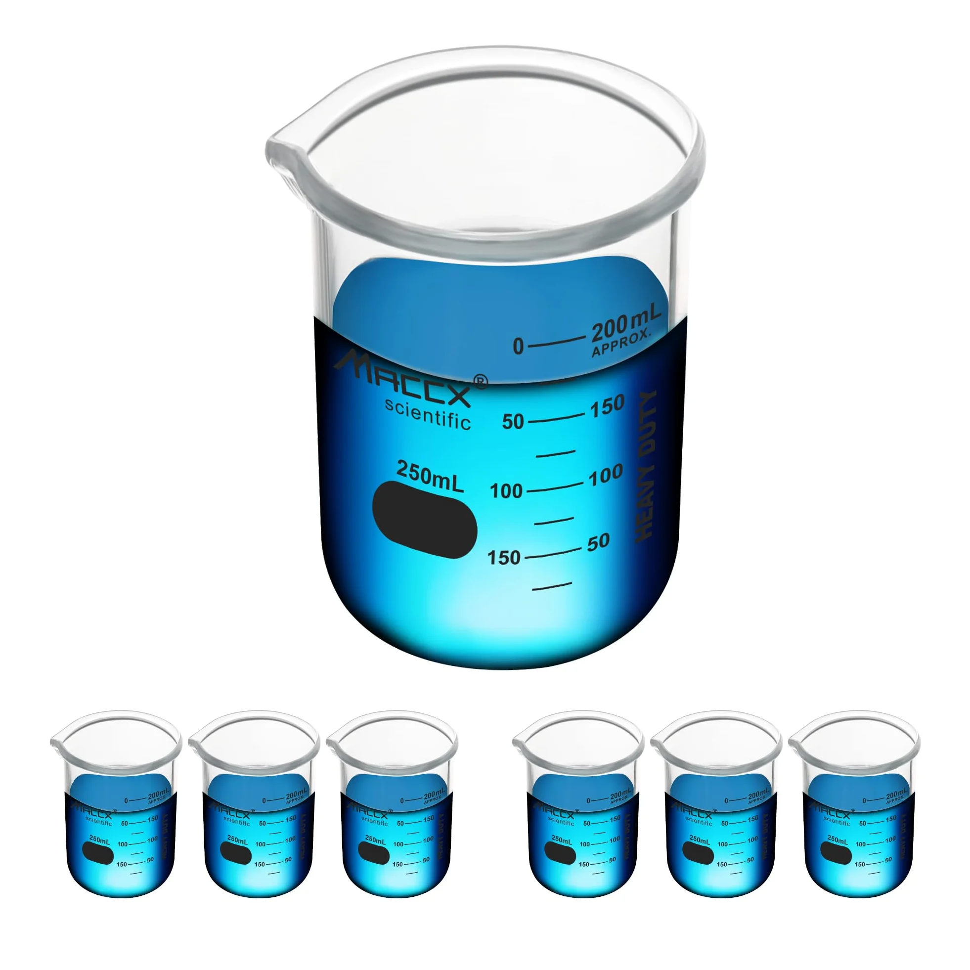 BKL250-006 - Vaso de vidrio resistente de 250 ml, forma baja de griffin de borosilicato con graduación impresa, paquete de 6