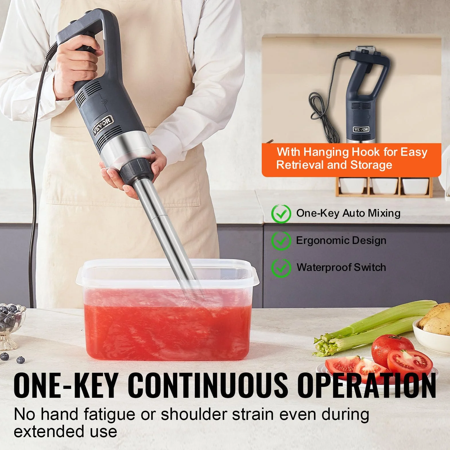 VEVOR Batidora de Mano Comercial 500W Batidora de Mano de Inmersión Eje de 406 mm Batidora Portátil de Velocidad Continuamente Variable con Hoja de Acero Inoxidable para Sopa Salsa Puré Crema