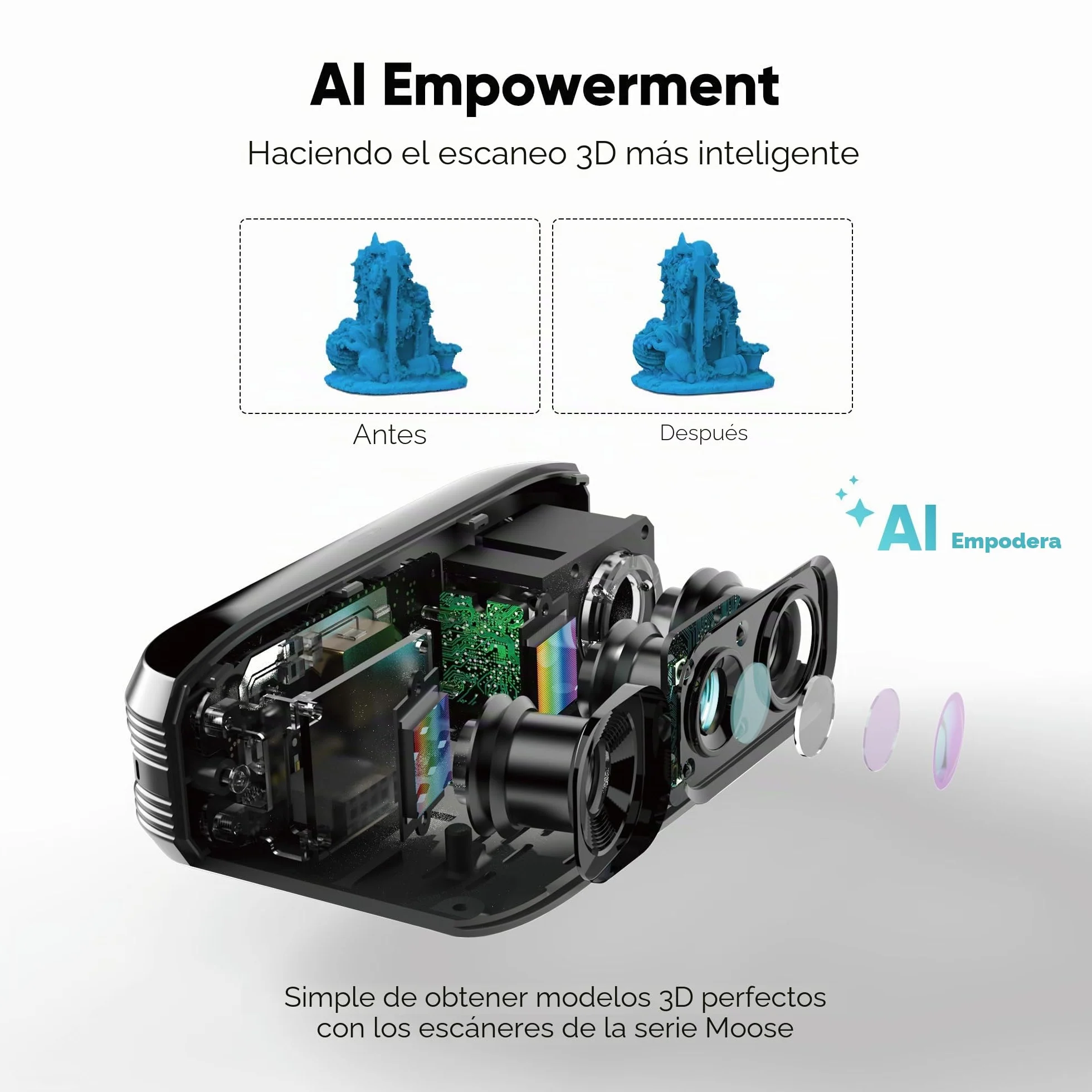 Escáner 3D para impresión 3D, escáner de modelos 3D portátil con precisión de alto detalle de 0,05 mm, velocidad de escaneo de 10 FPS, lentes antivibración, paquete estándar Moose Lite
