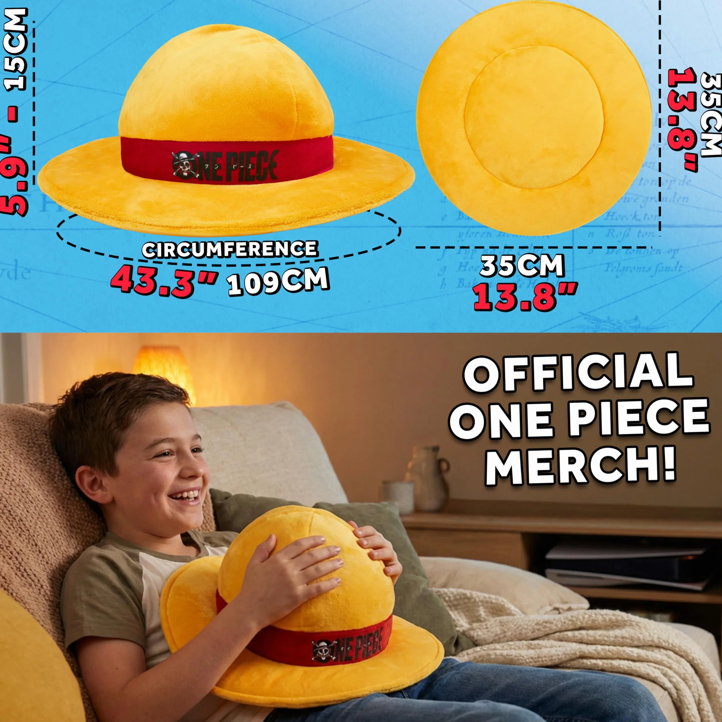 One Piece Cojin Decorativo 3D Suave, Almohada Kawaii para Niños Adolescentes Adultos, Regalo Anime (Amarillo, 35x35 cm)